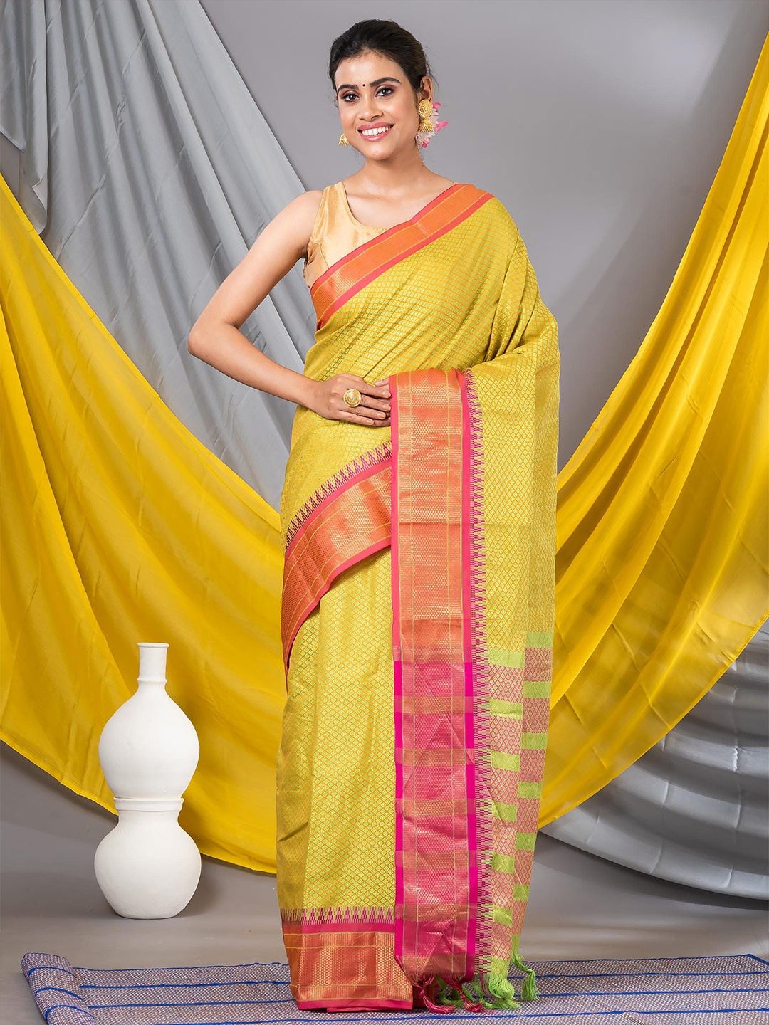 

MAHALASA Geometric Woven Design Zari Silk Cotton Saree, Lime green