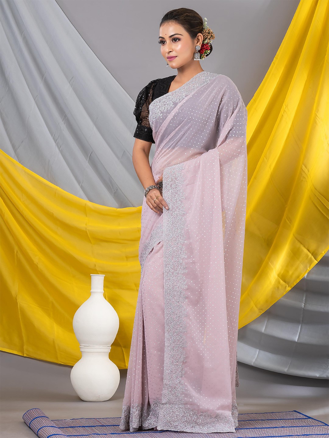 

MAHALASA Embellished Embroidered Pure Georgette Saree, Pink