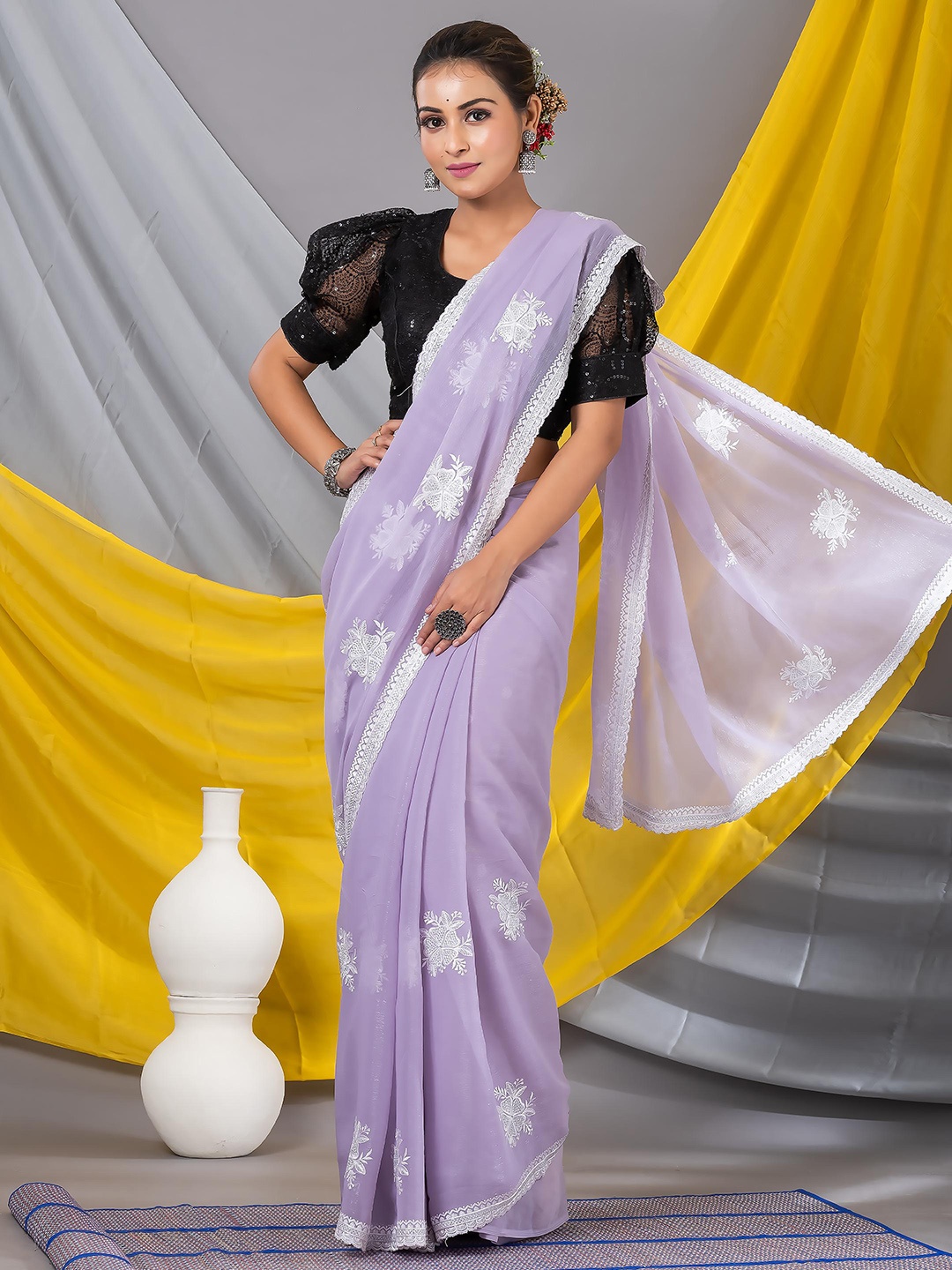 

MAHALASA Floral Embroidered Pure Georgette Saree, Lavender