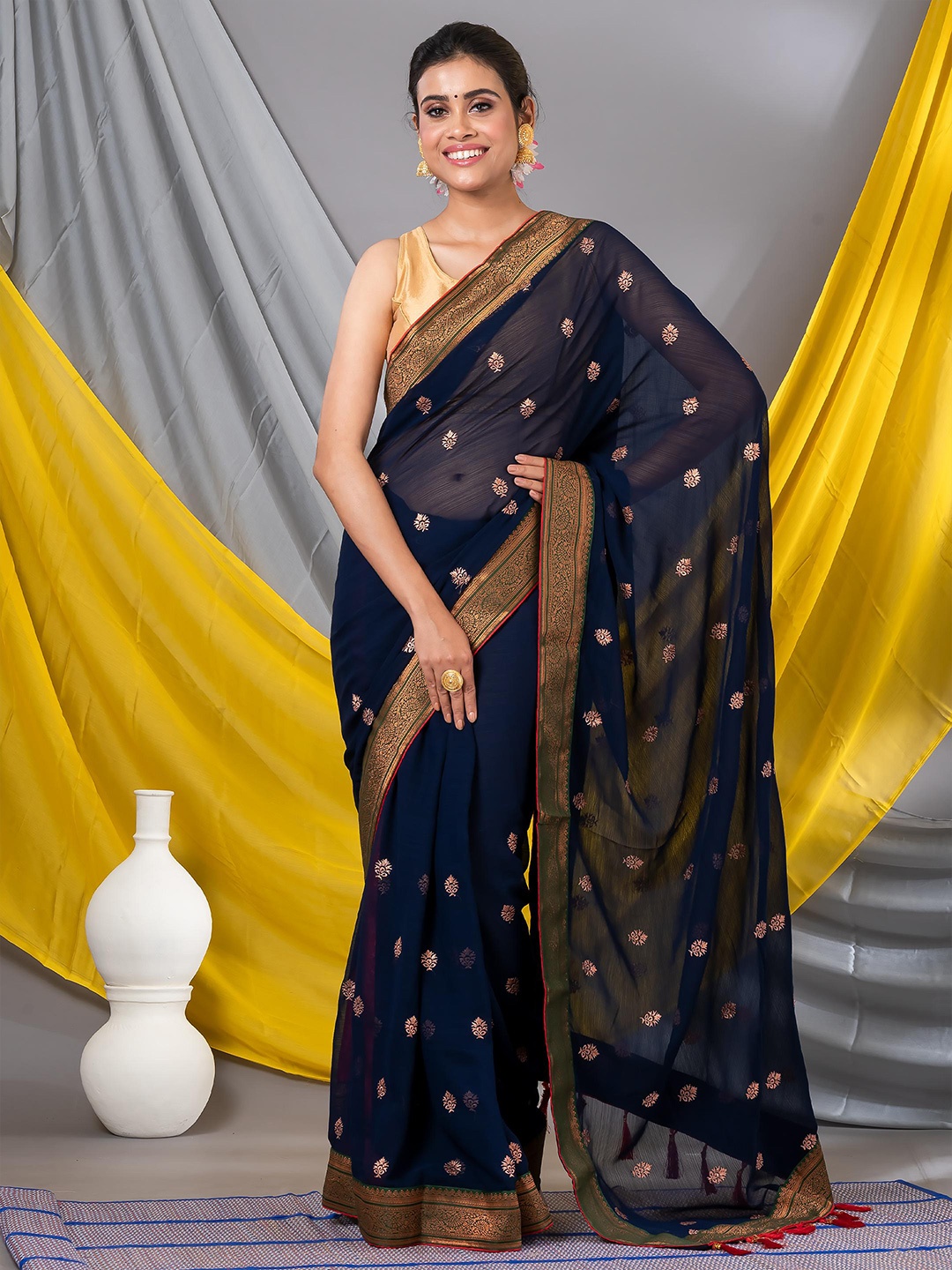 

MAHALASA Ethnic Motifs Embroidered Pure Chiffon Saree, Navy blue