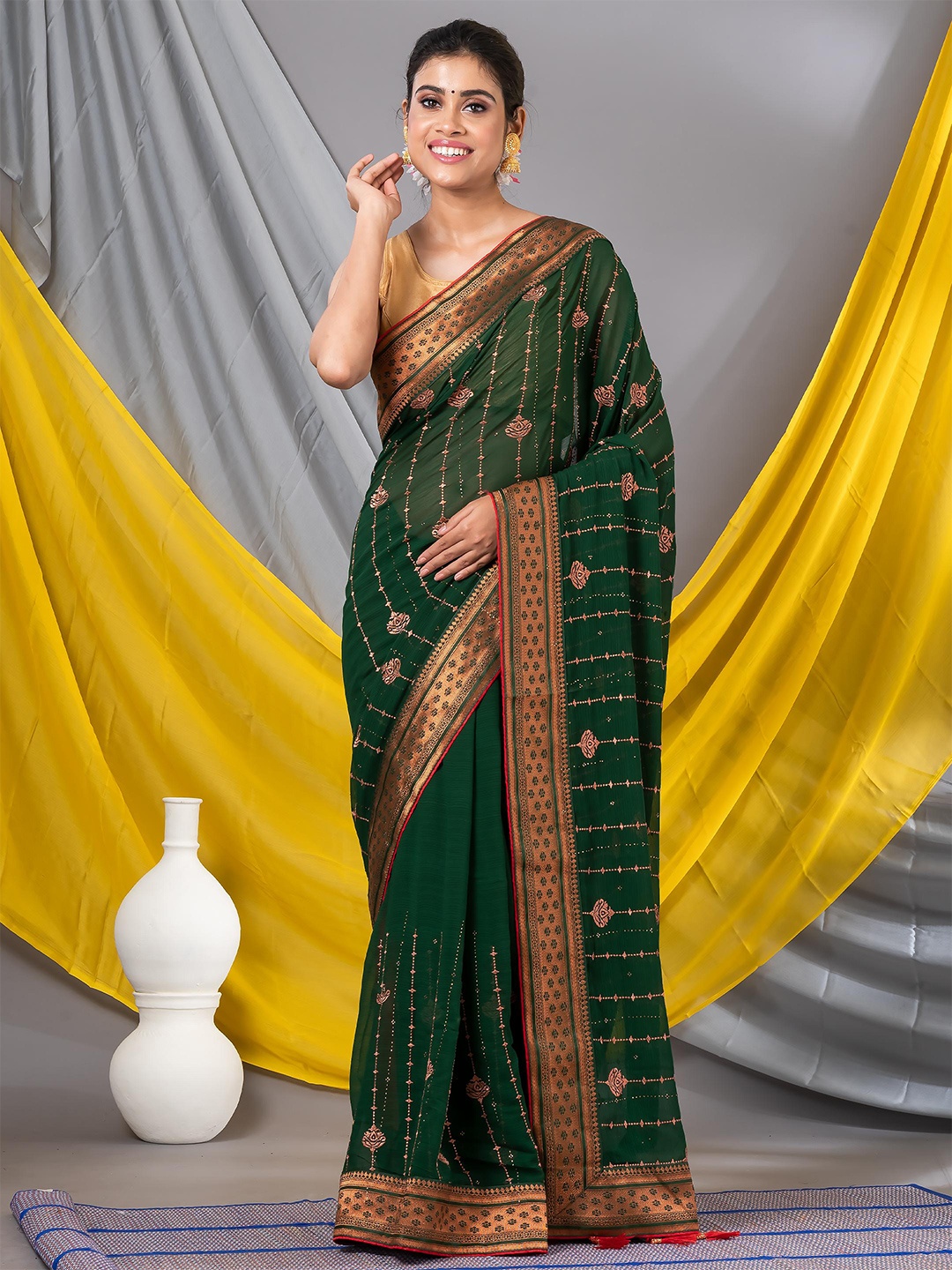 

MAHALASA Ethnic Motifs Embroidered Pure Chiffon Zari Saree, Olive