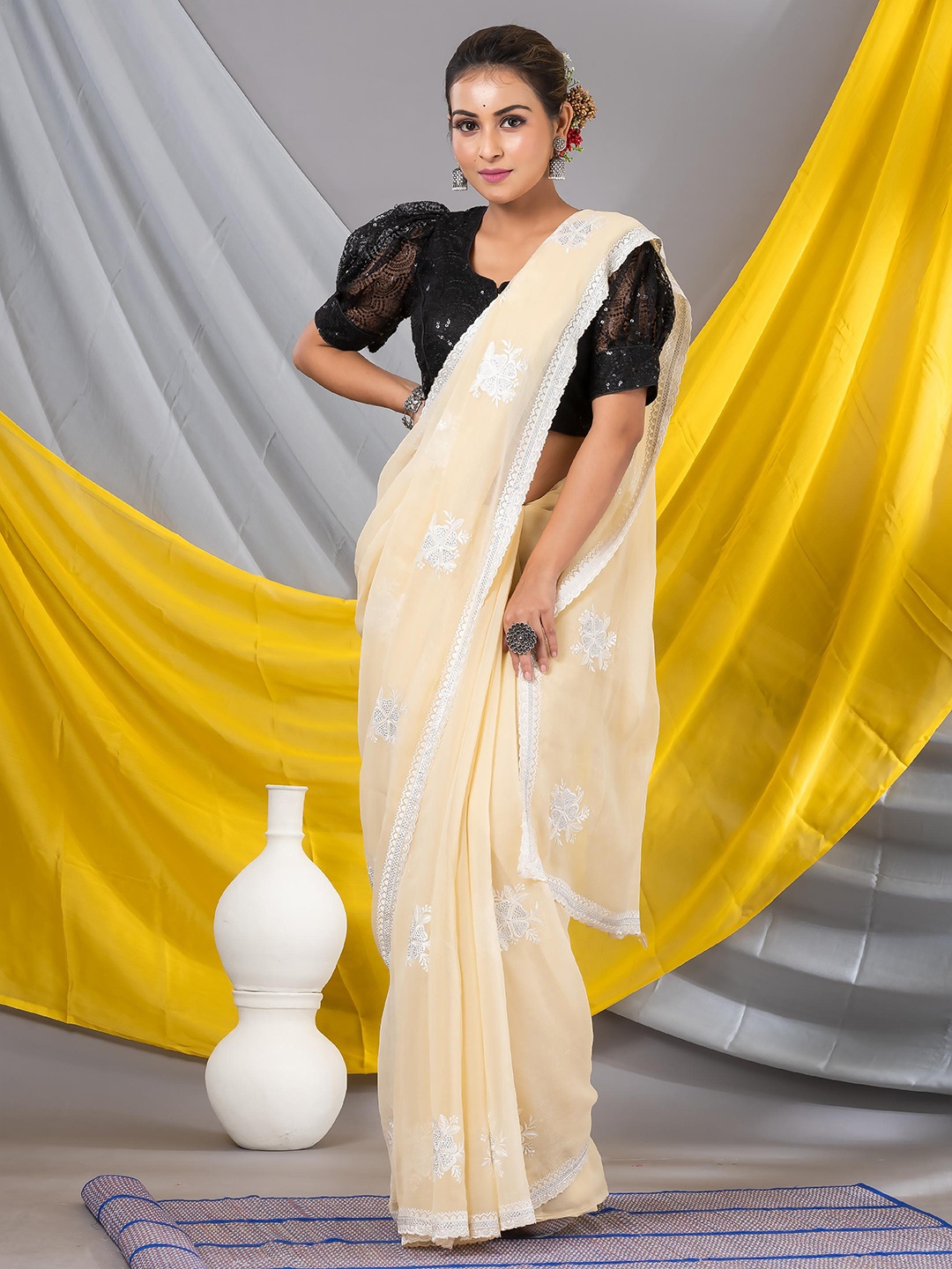 

MAHALASA Floral Embroidered Pure Georgette Saree, Yellow