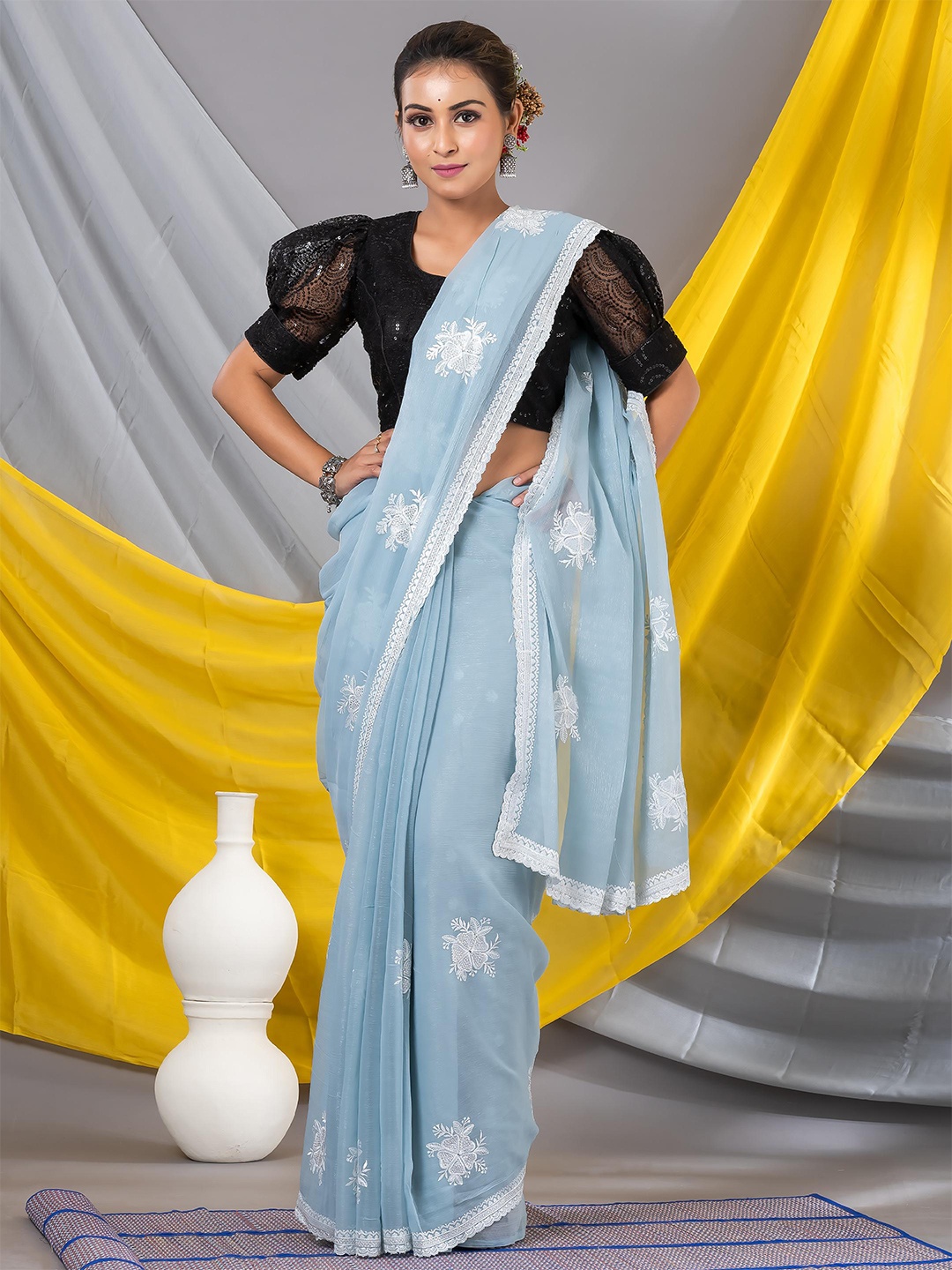 

MAHALASA Floral Embroidered Pure Georgette Saree, Blue