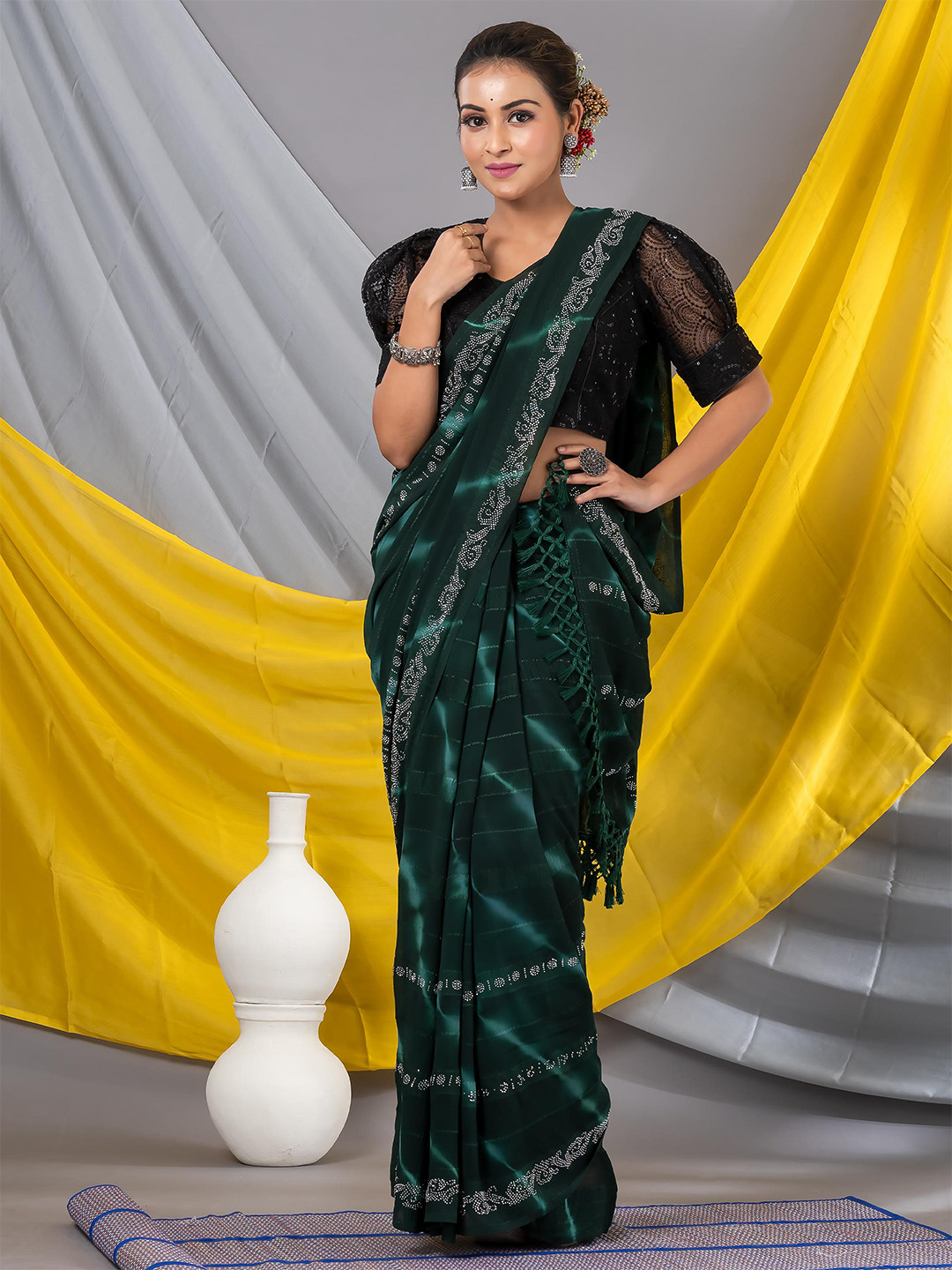 

MAHALASA Striped Embroidered Pure Georgette Saree, Green