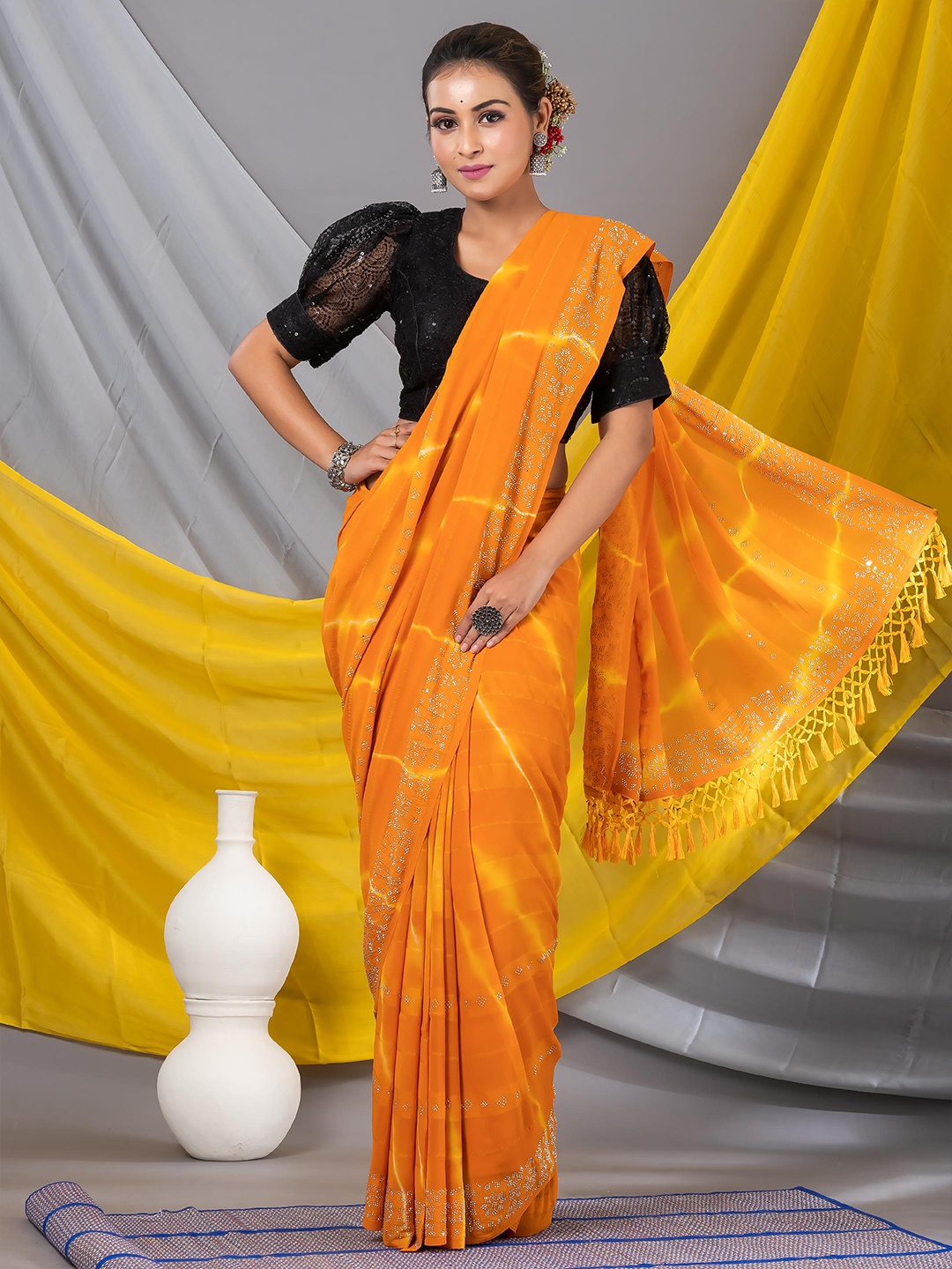 

MAHALASA Striped Printed Beads and Stones Pure Georgette Saree, Yellow