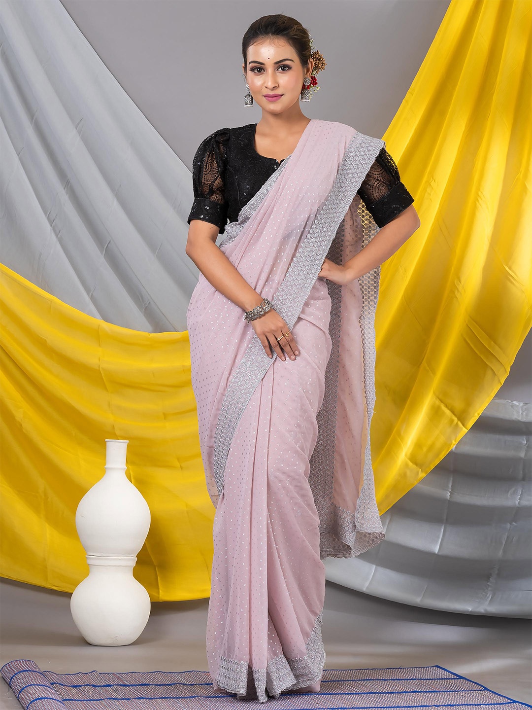 

MAHALASA Polka Dot Embellished Pure Georgette Saree, Pink