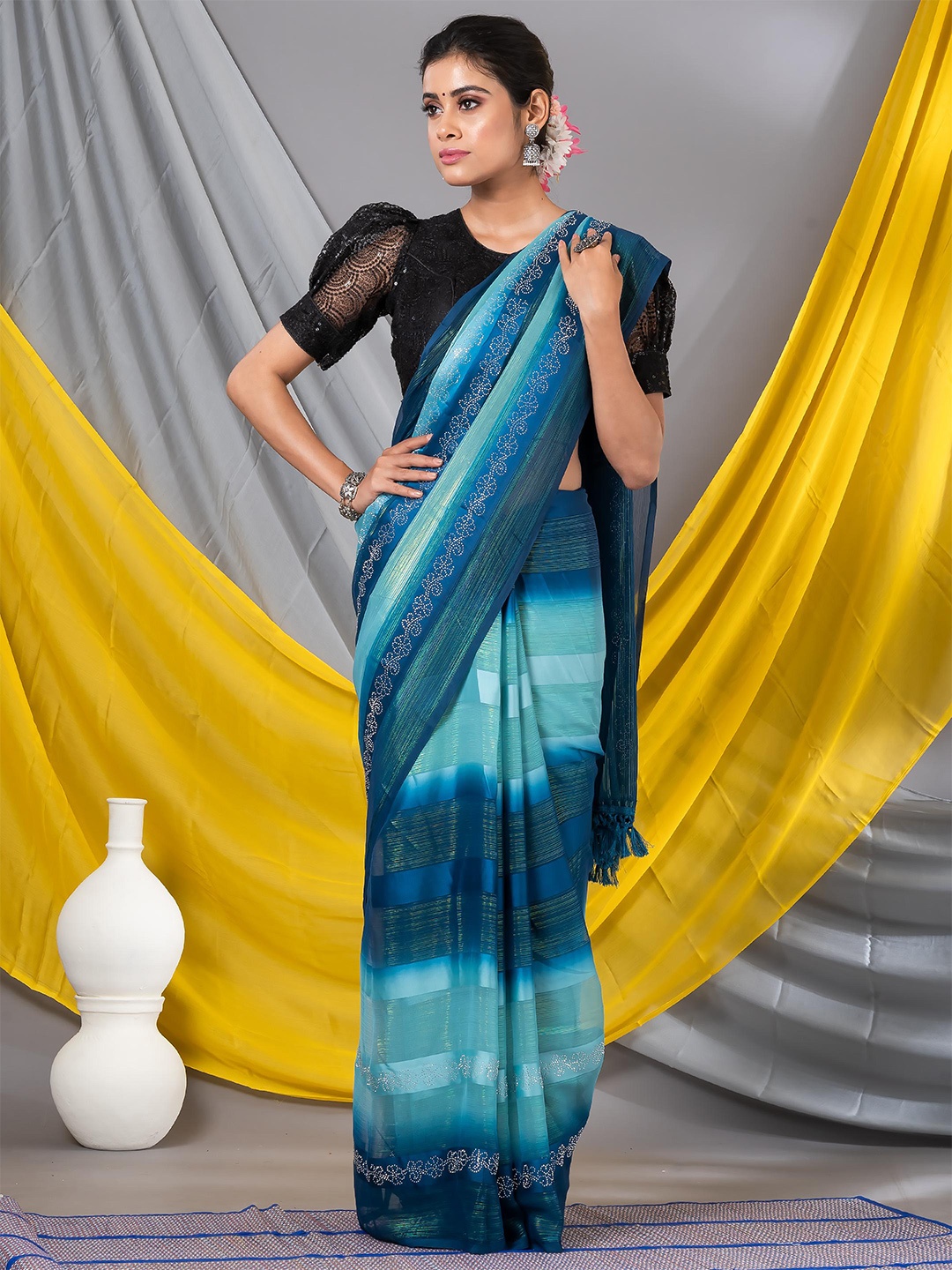 

MAHALASA Striped Embellished Beads And Stones Pure Georgette Saree, Teal