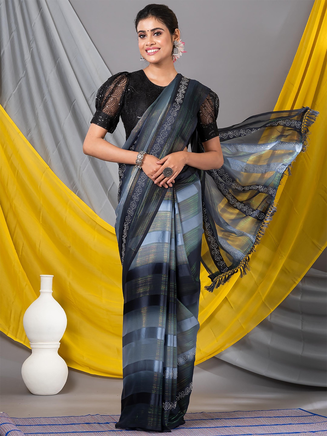 

MAHALASA Striped Embellished Sequinned Pure Georgette Saree, Grey