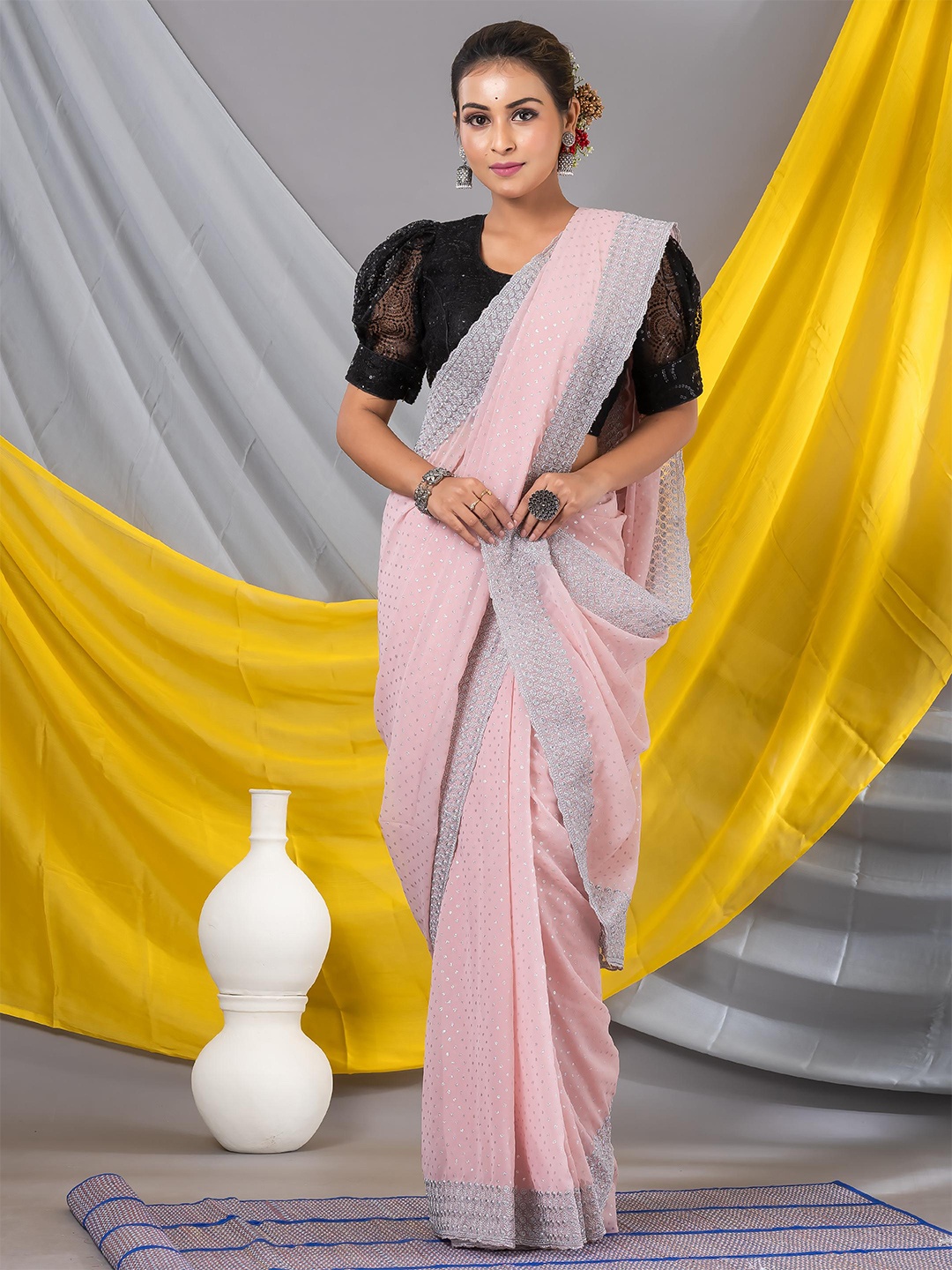 

MAHALASA Embellished Embroidered Pure Georgette Saree, Pink