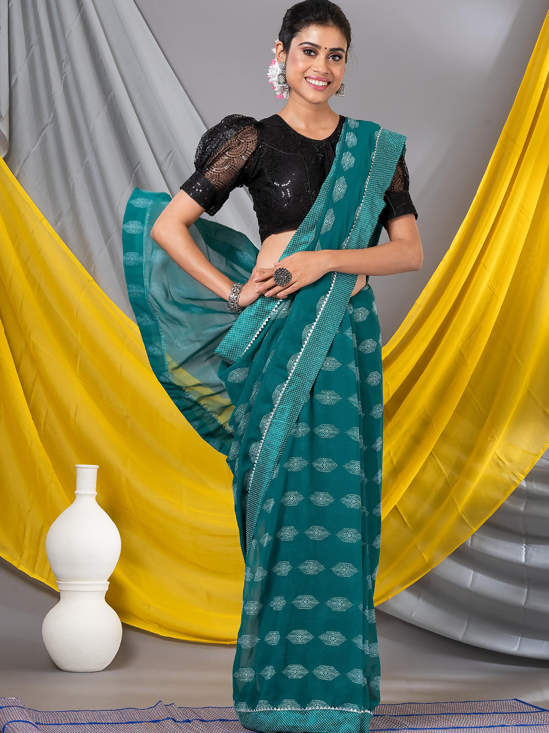 

MAHALASA Geometric Embroidered Saree, Sea green