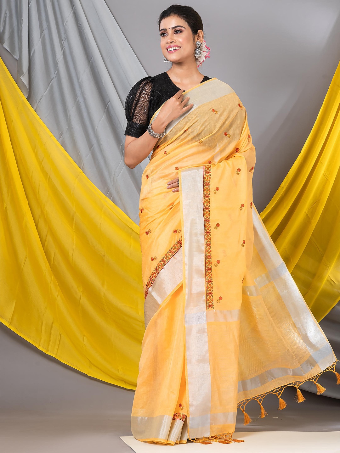 

MAHALASA Floral Embroidered Zari Saree, Orange