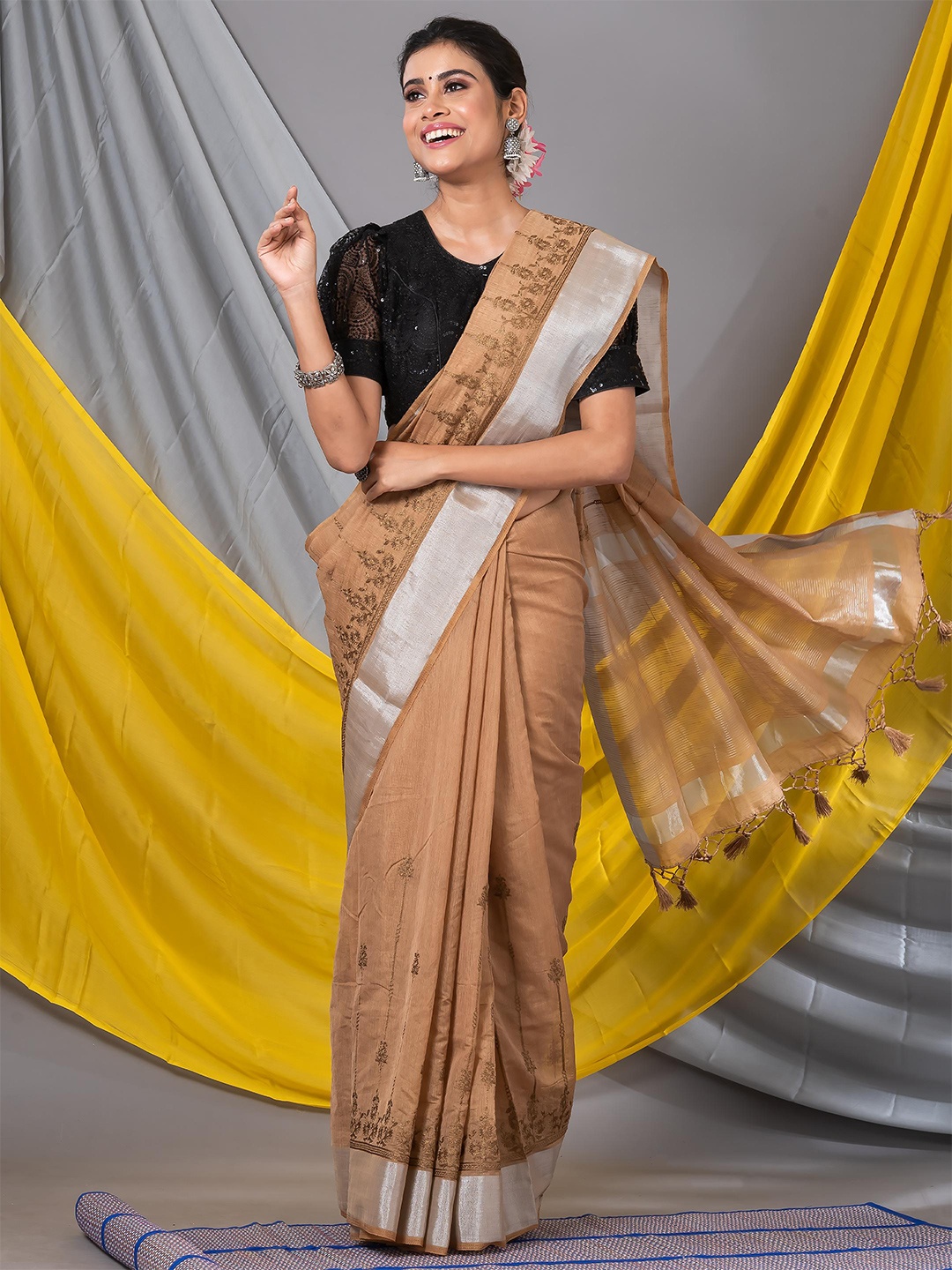 

MAHALASA Ethnic Motifs Embroidered Zari Saree, Camel brown