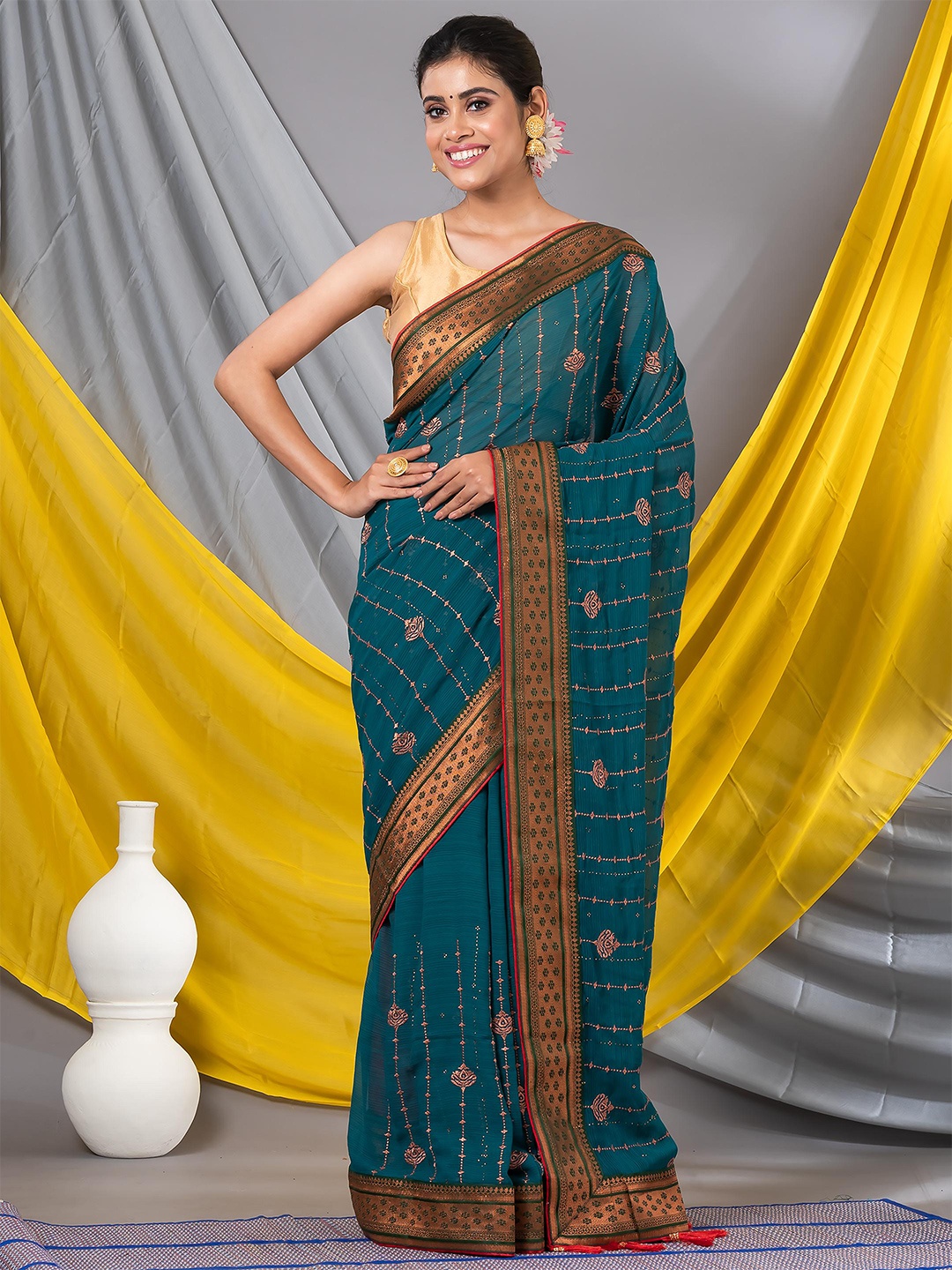 

MAHALASA Embroidered Striped Zari Pure Chiffon Saree, Sea green