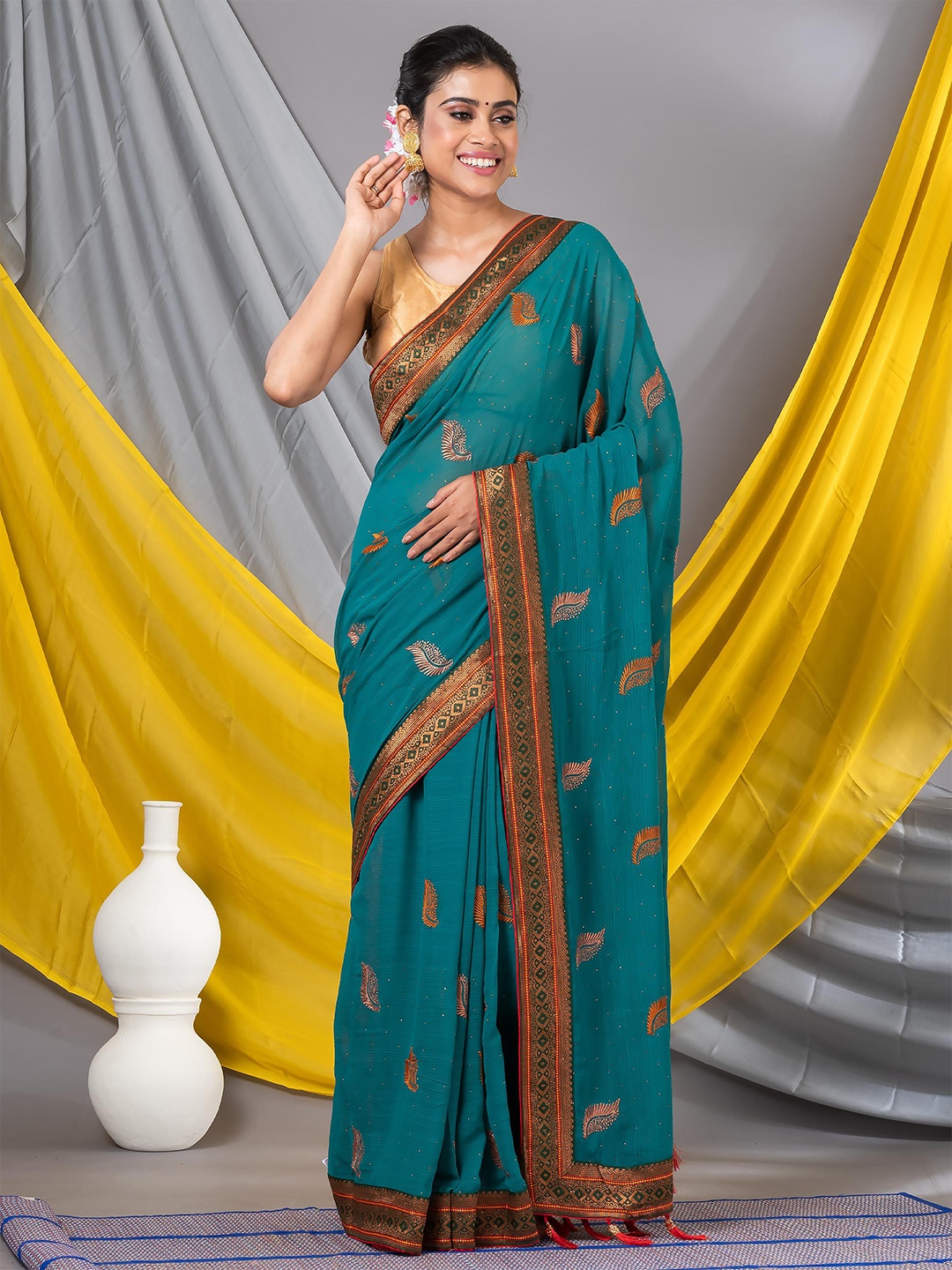 

MAHALASA Ethnic Motifs Embroidered Pure Georgette Zari Saree, Sea green