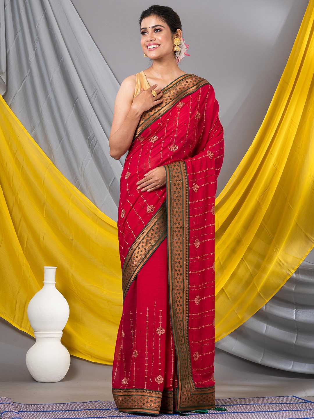 

MAHALASA Ethnic Motifs Embroidered Pure Chiffon Saree, Red