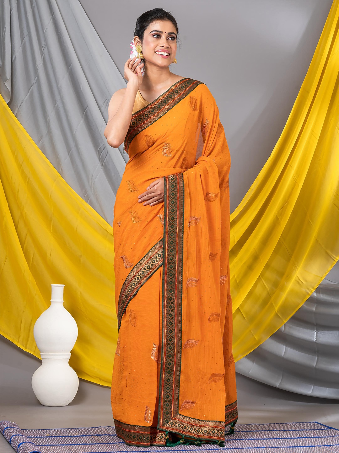 

MAHALASA Ethnic Motifs Embroidered Pure Georgette Saree, Yellow