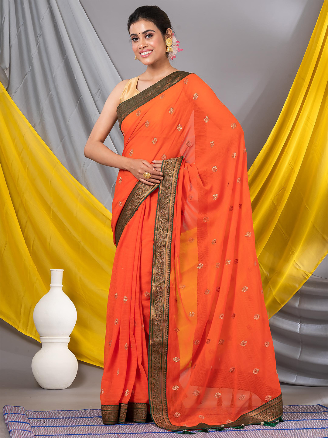 

MAHALASA Floral Embroidered Zari Pure Chiffon Saree, Orange