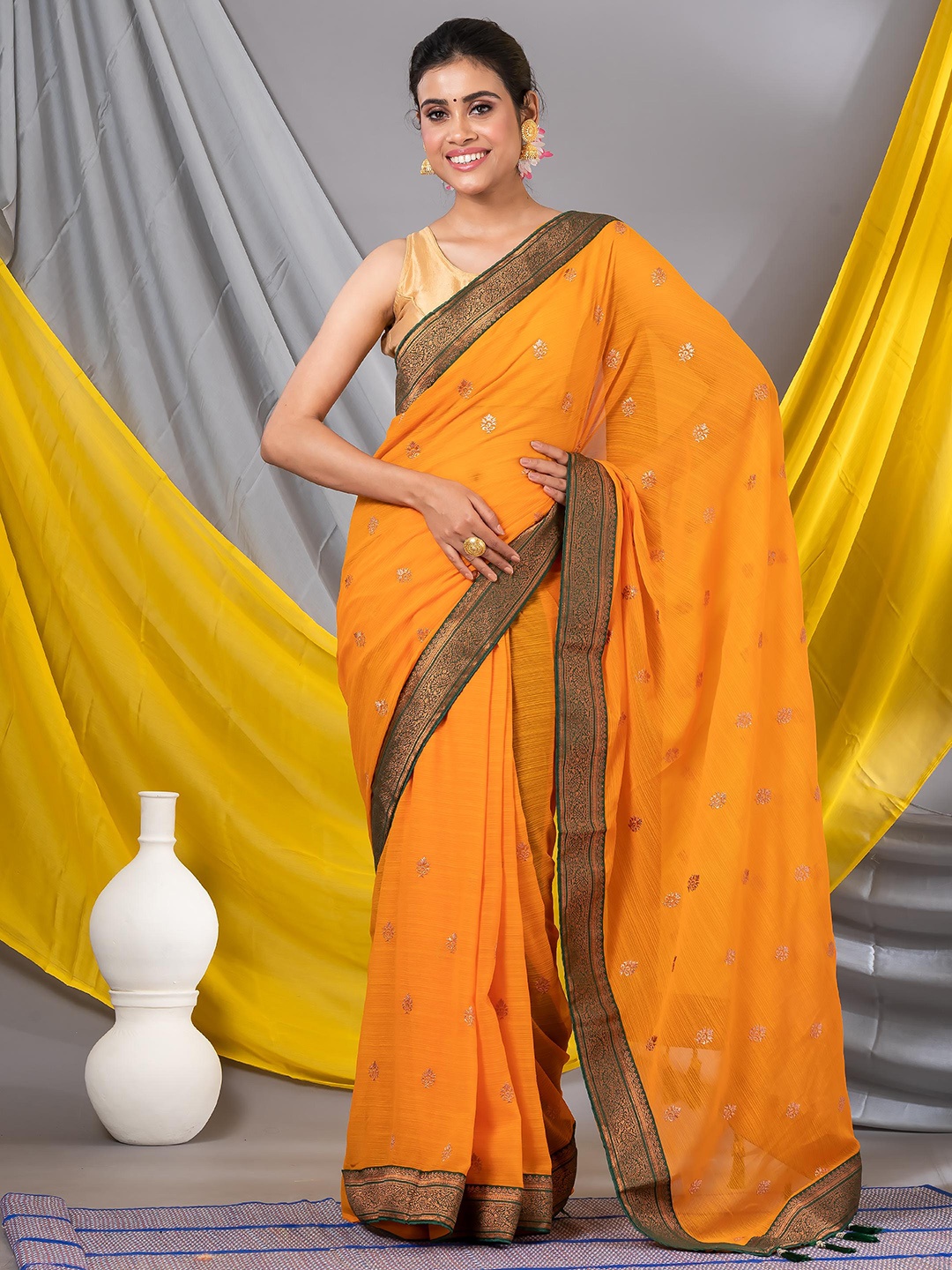 

MAHALASA Ethnic Motifs Woven Design Zari Pure Chiffon Saree, Yellow