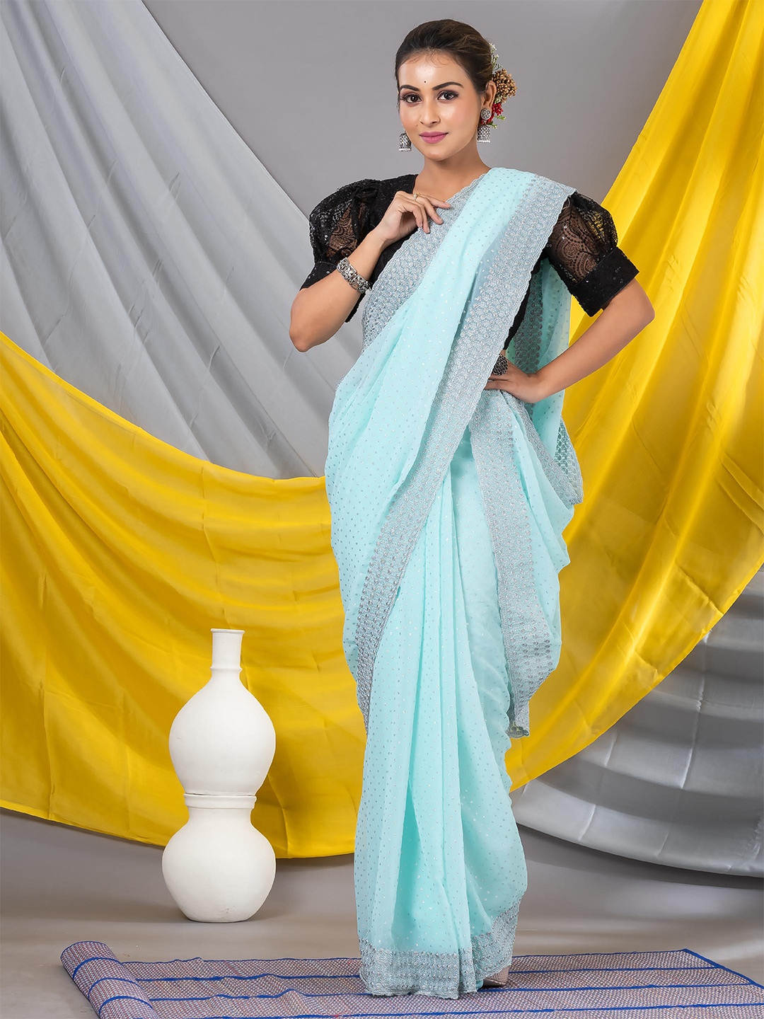 

MAHALASA Ethnic Motifs Embroidered Pure Georgette Saree, Turquoise blue