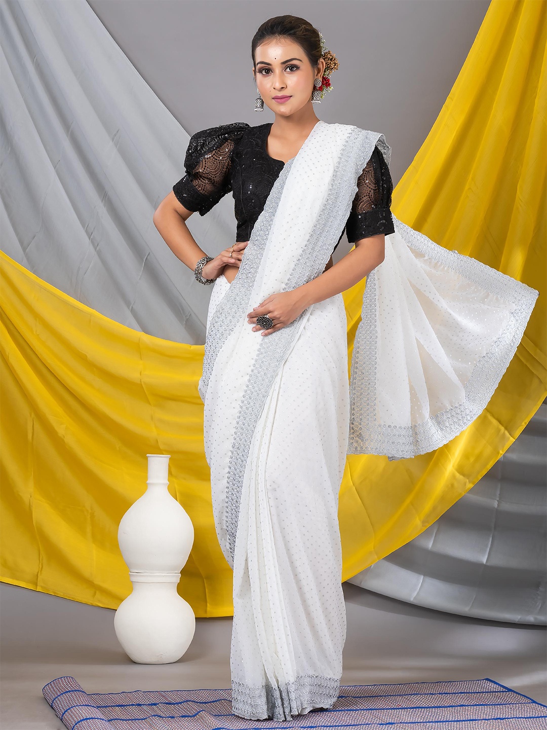 

MAHALASA Polka Dots Embellished Sequinned Pure Georgette Saree, White