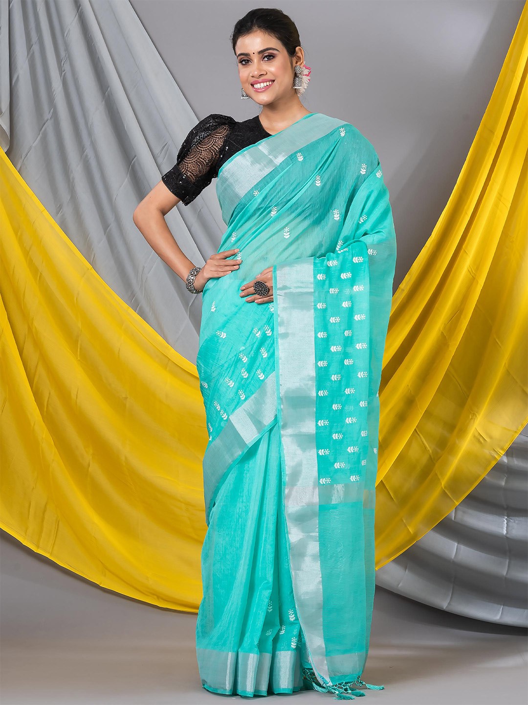 

MAHALASA Floral Embroidered Zari Saree, Sea green