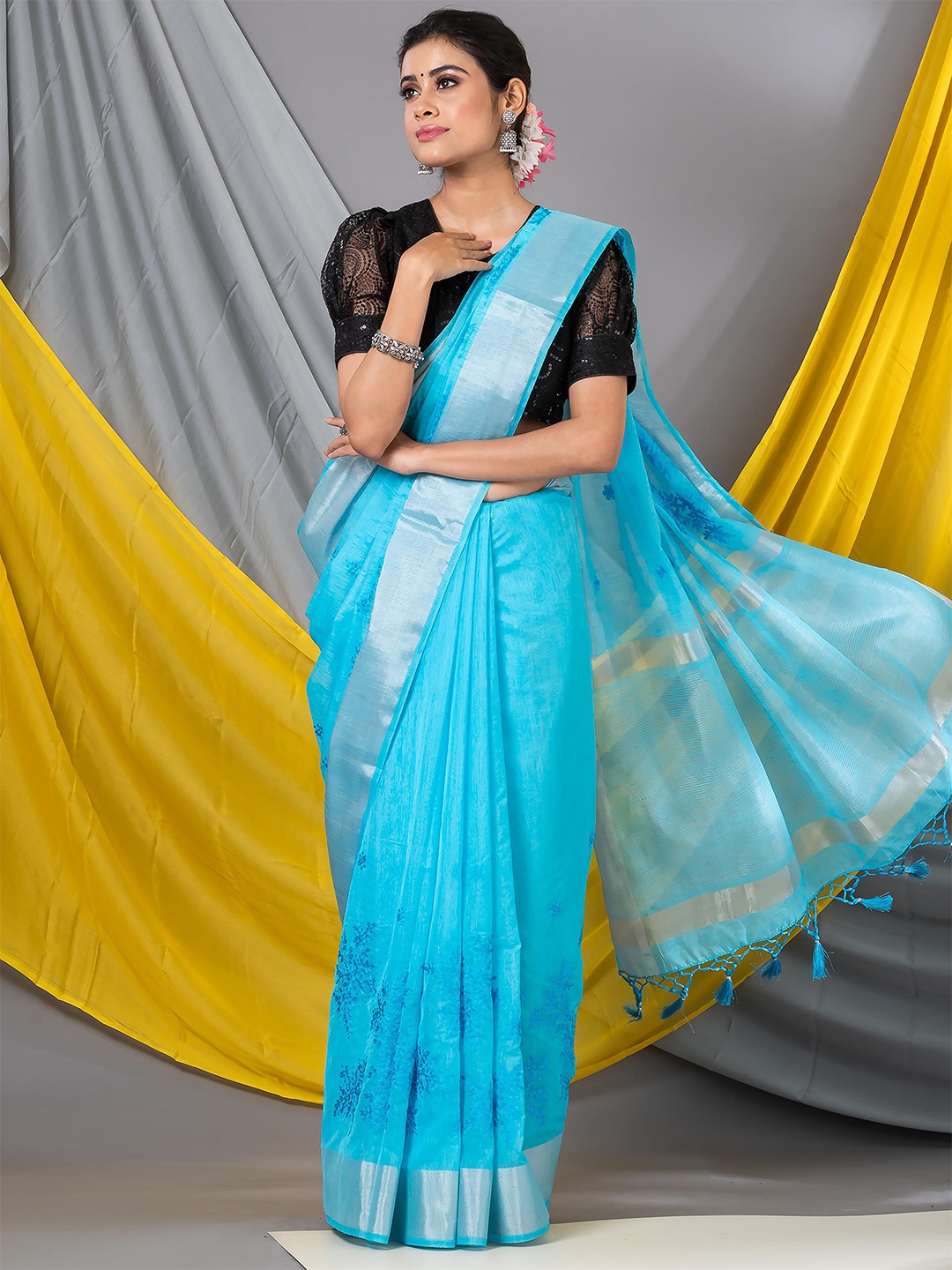 

MAHALASA Floral Embroidered Zari Saree, Turquoise blue