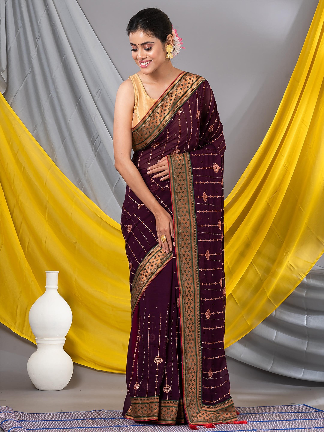 

MAHALASA Striped Embroidered Pure Chiffon Saree, Burgundy