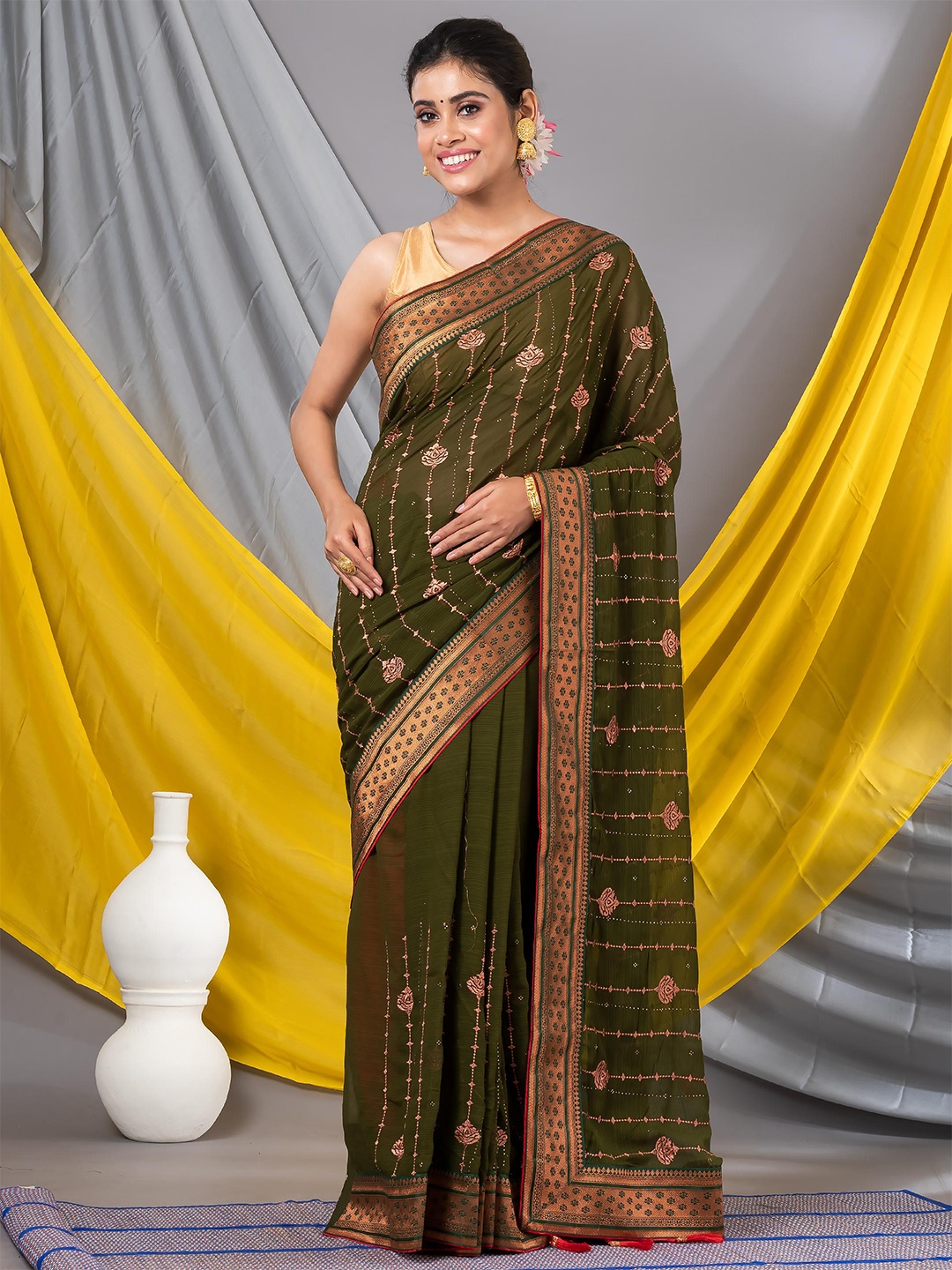 

MAHALASA Ethnic Motifs Striped Zari Pure Chiffon Saree, Olive