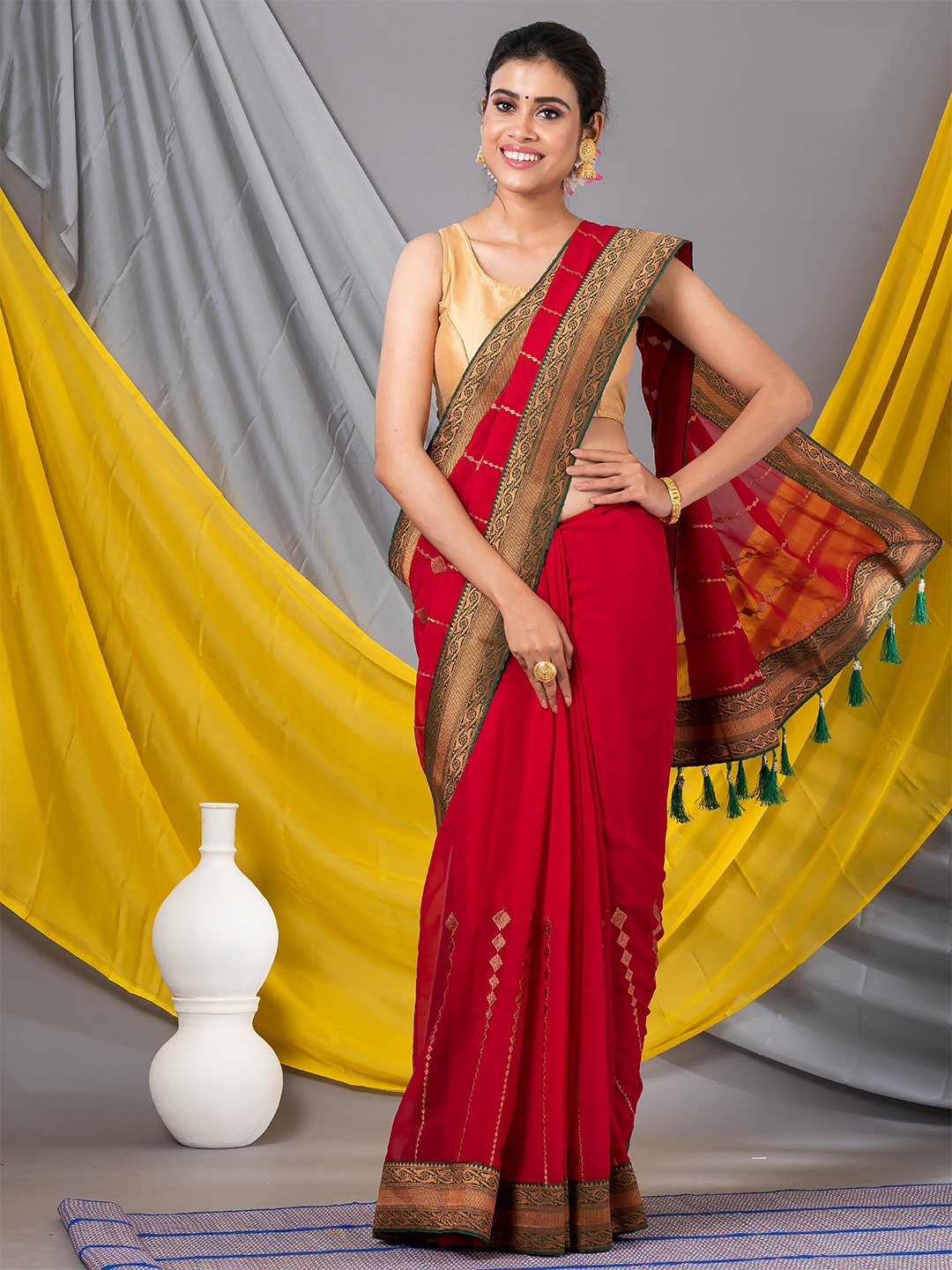 

MAHALASA Geometric Embroidered Zari Pure Georgette Saree, Red