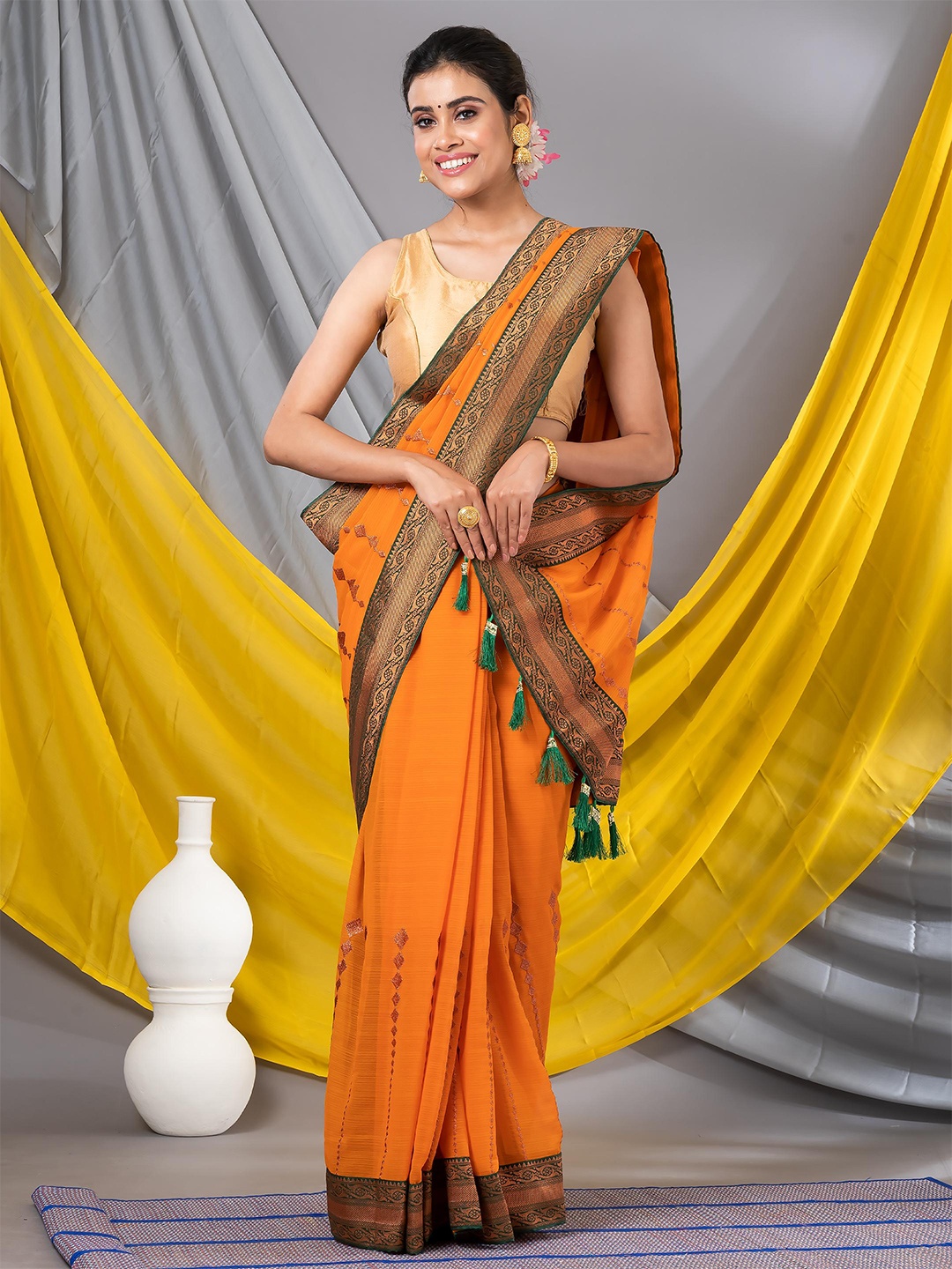 

MAHALASA Embellished Pure Georgette Zari Saree, Yellow