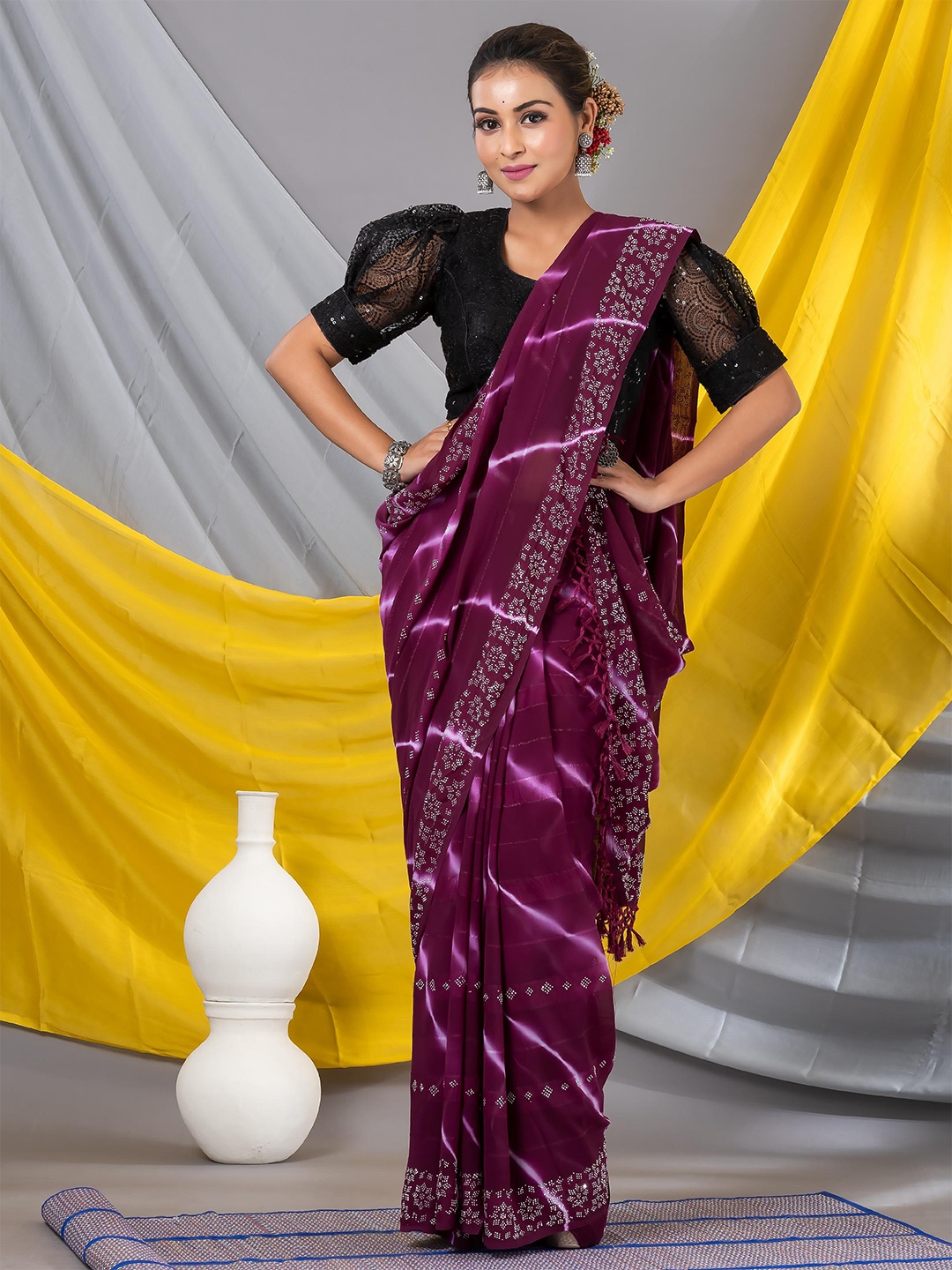 

MAHALASA Striped Printed Beads and Stones Pure Georgette Saree, Burgundy