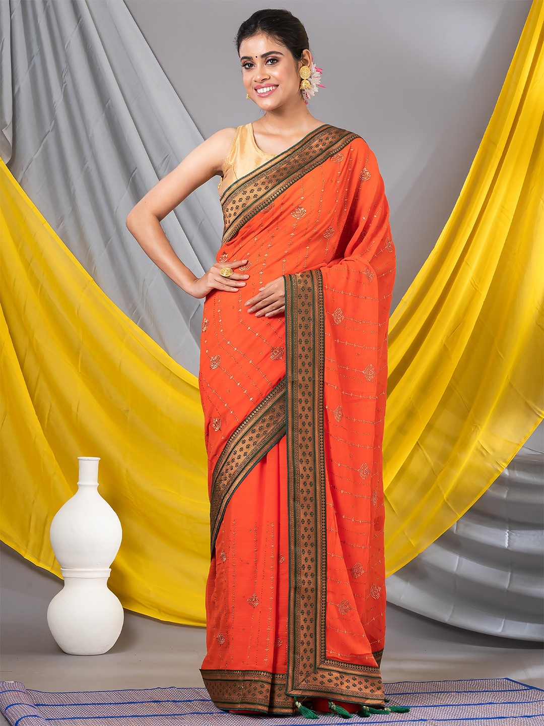 

MAHALASA Floral Embroidered Zari Pure Chiffon Saree, Orange