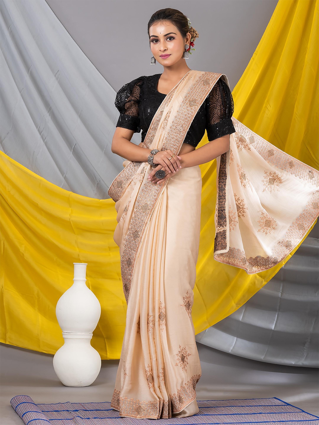 

MAHALASA Ethnic Motifs Embroidered Silk Cotton Saree, Camel brown