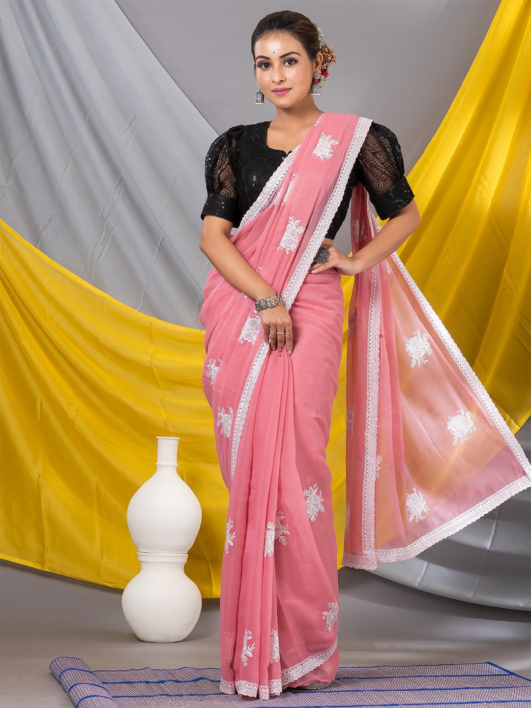 

MAHALASA Floral Embroidered Pure Georgette Saree, Pink