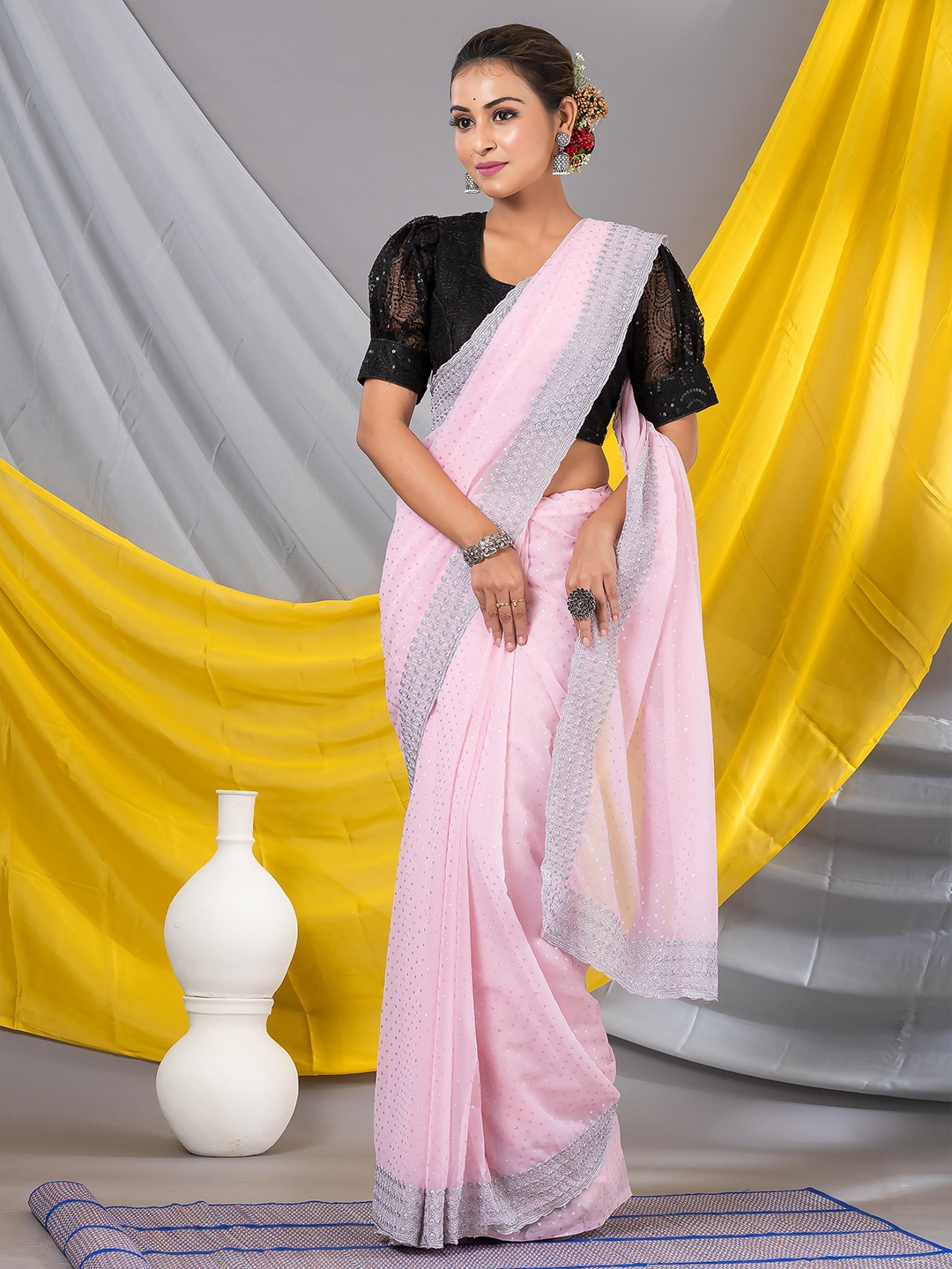 

MAHALASA Polka Dot Embroidered Pure Georgette Saree, Pink
