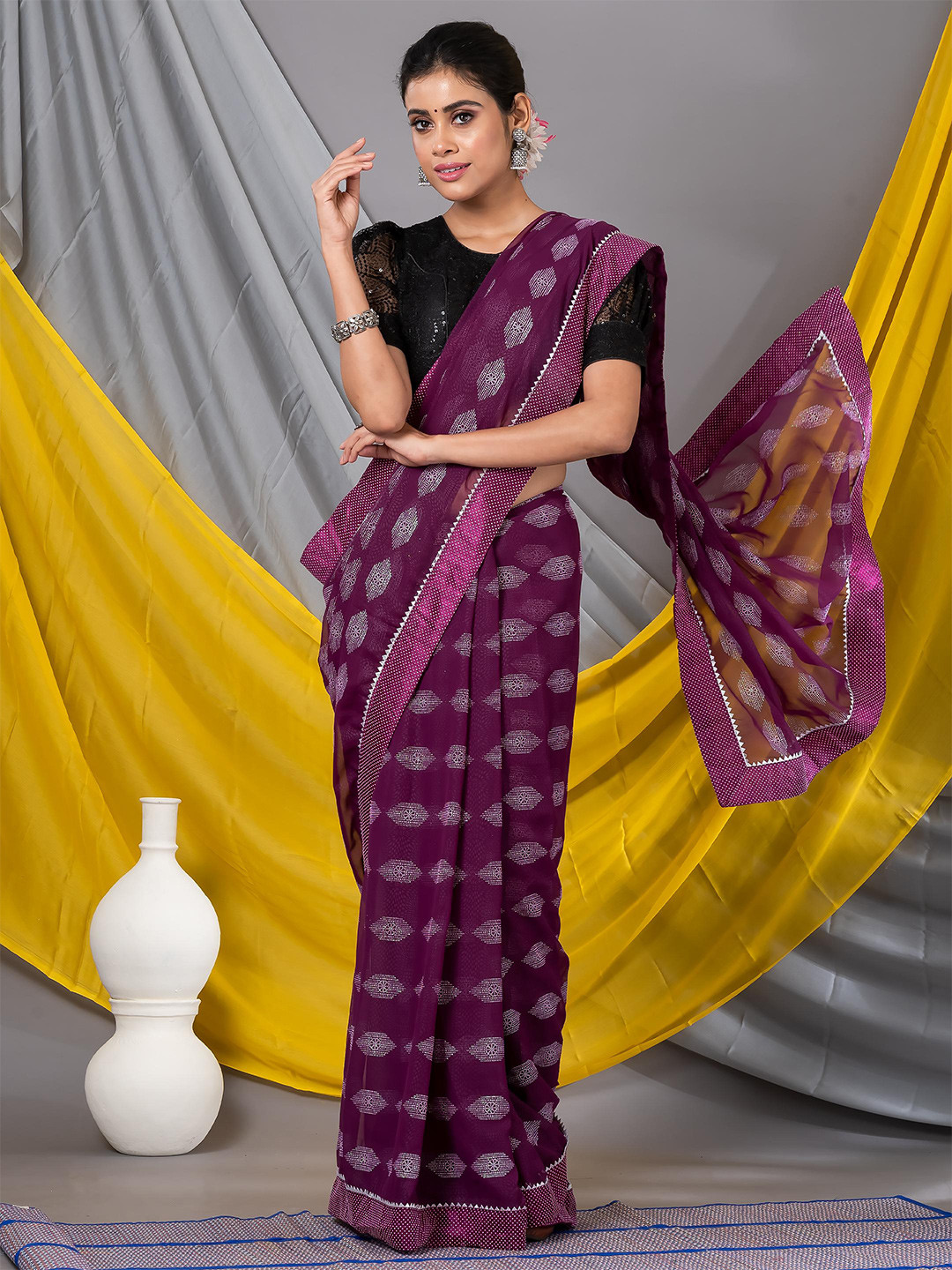 

MAHALASA Geometric Embellished Printed Saree, Magenta