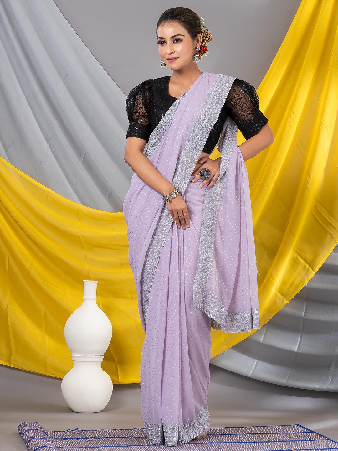 

MAHALASA Ethnic Motifs Embroidered Pure Georgette Saree, Lavender