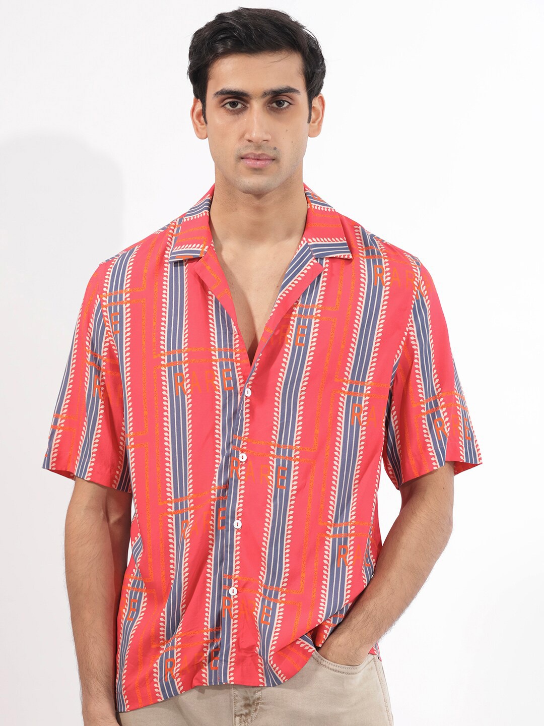 

RARE RABBIT Men Quena Slim Fit Opaque Striped Shirt, Red