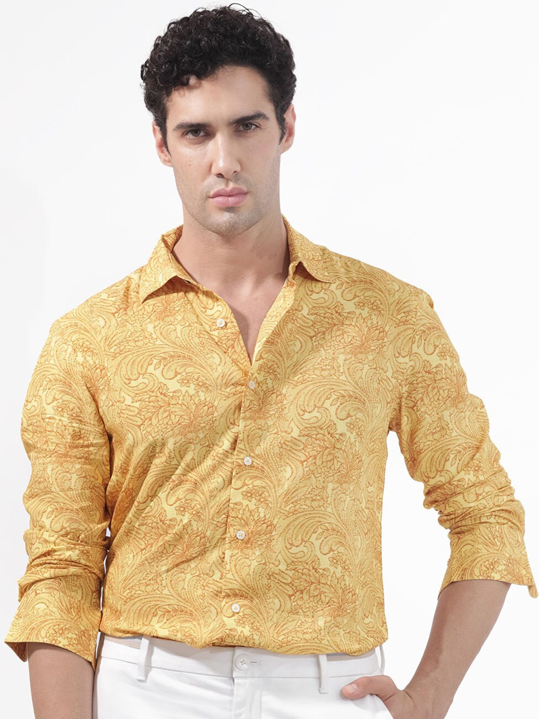 

RARE RABBIT Men Pamat Ethnic Motifs Printed Slim Fit Opaque Shirt, Yellow