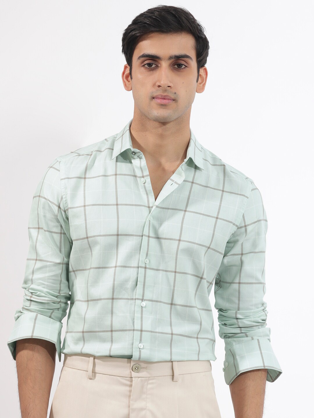 

RARE RABBIT Men Carrie Windowpane Check Cotton Slim Fit Opaque Shirt, Blue