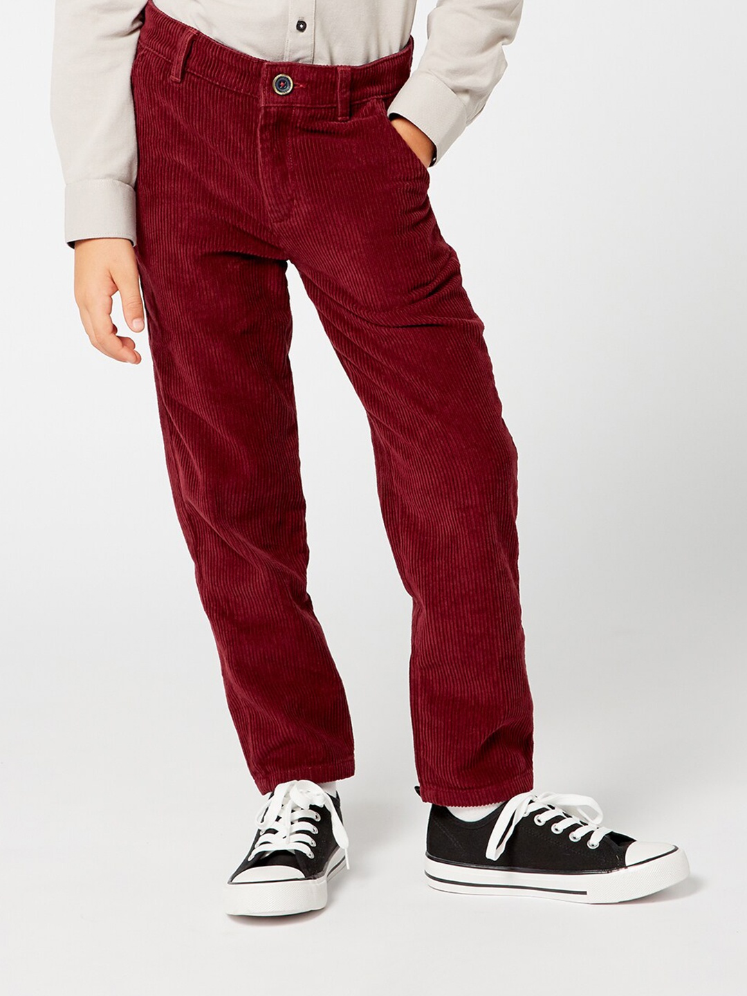 

One Friday Boys Smart Mid-Rise Corduroy Pure Cotton Regular Trousers, Burgundy