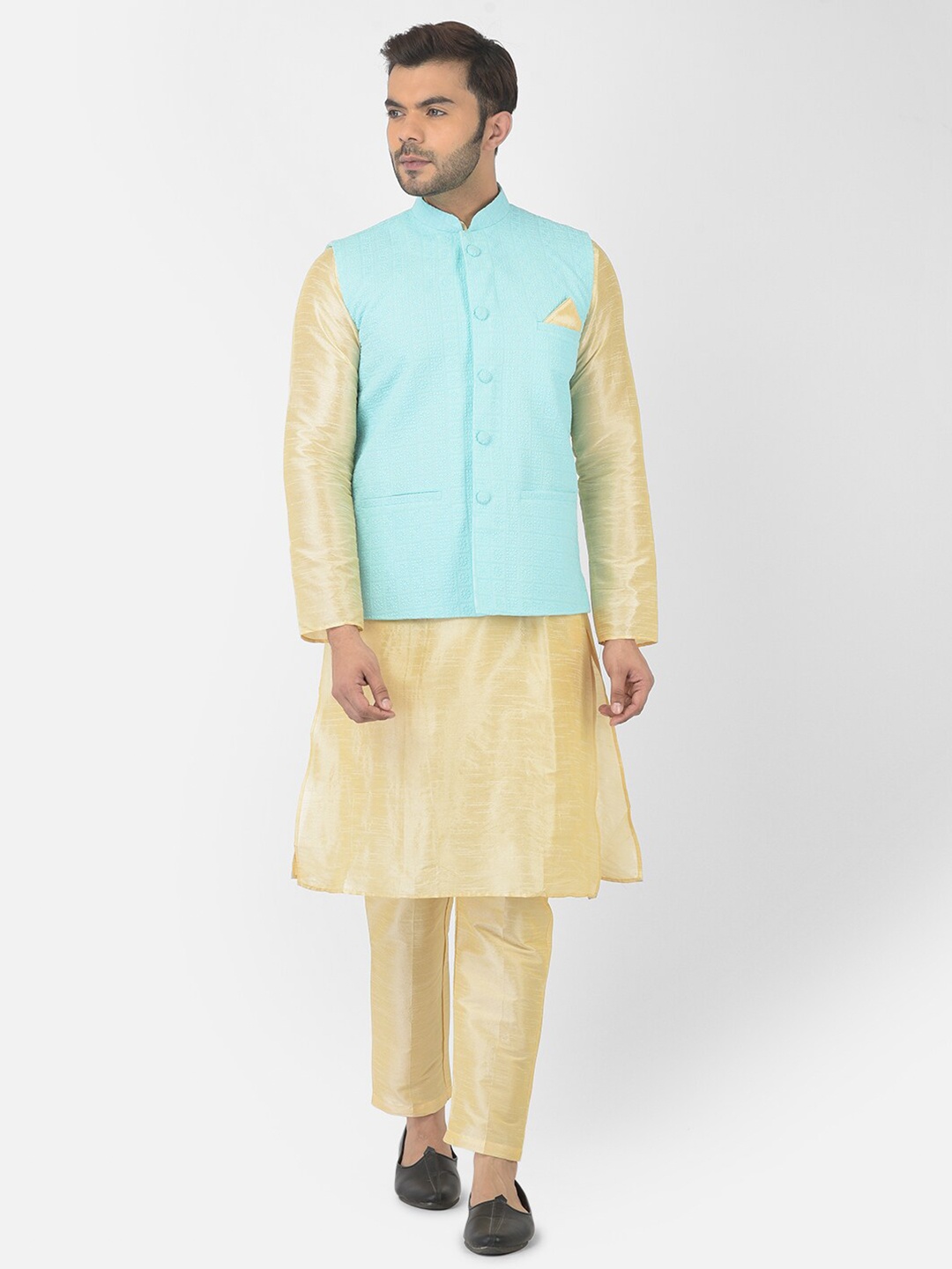 

DEYANN Ethnic Motifs Mandarin Collar Dupion Silk Kurta with Pyjamas & Nehru Jacket, Blue