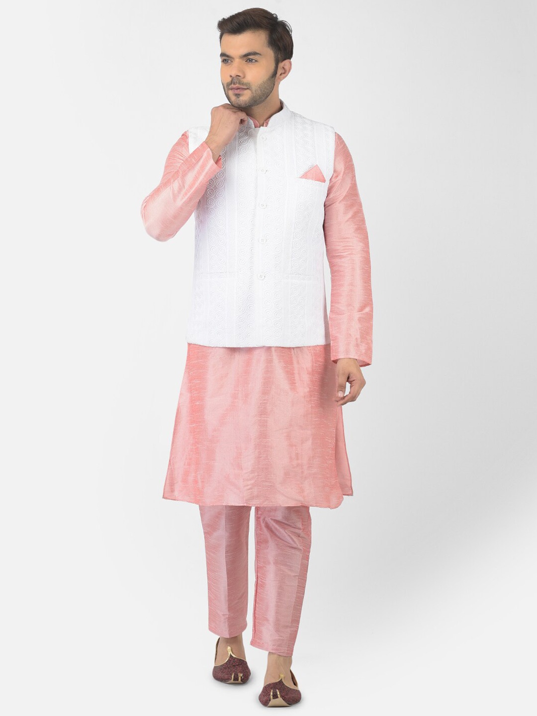 

DEYANN Mandarin Collar Straight Dupion Silk Nehru Jacket With Kurta And Pyjamas, White