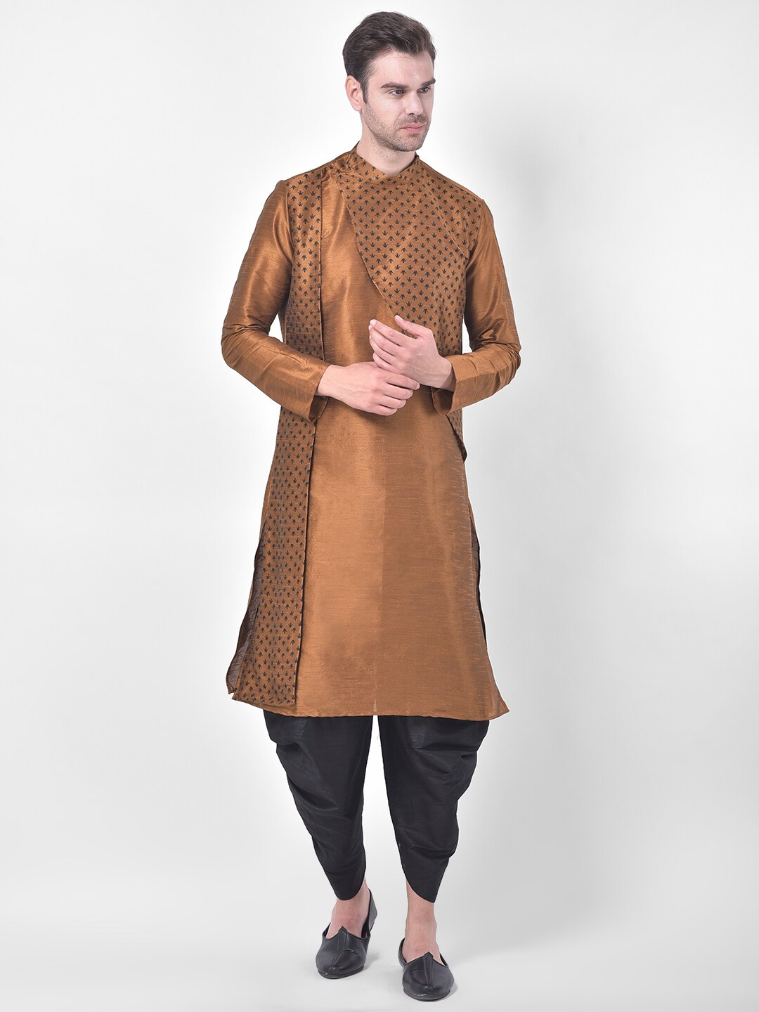 

DEYANN Ethnic Motifs Printed Regular Dupion Silk Kurta with Dhoti Pants, Copper