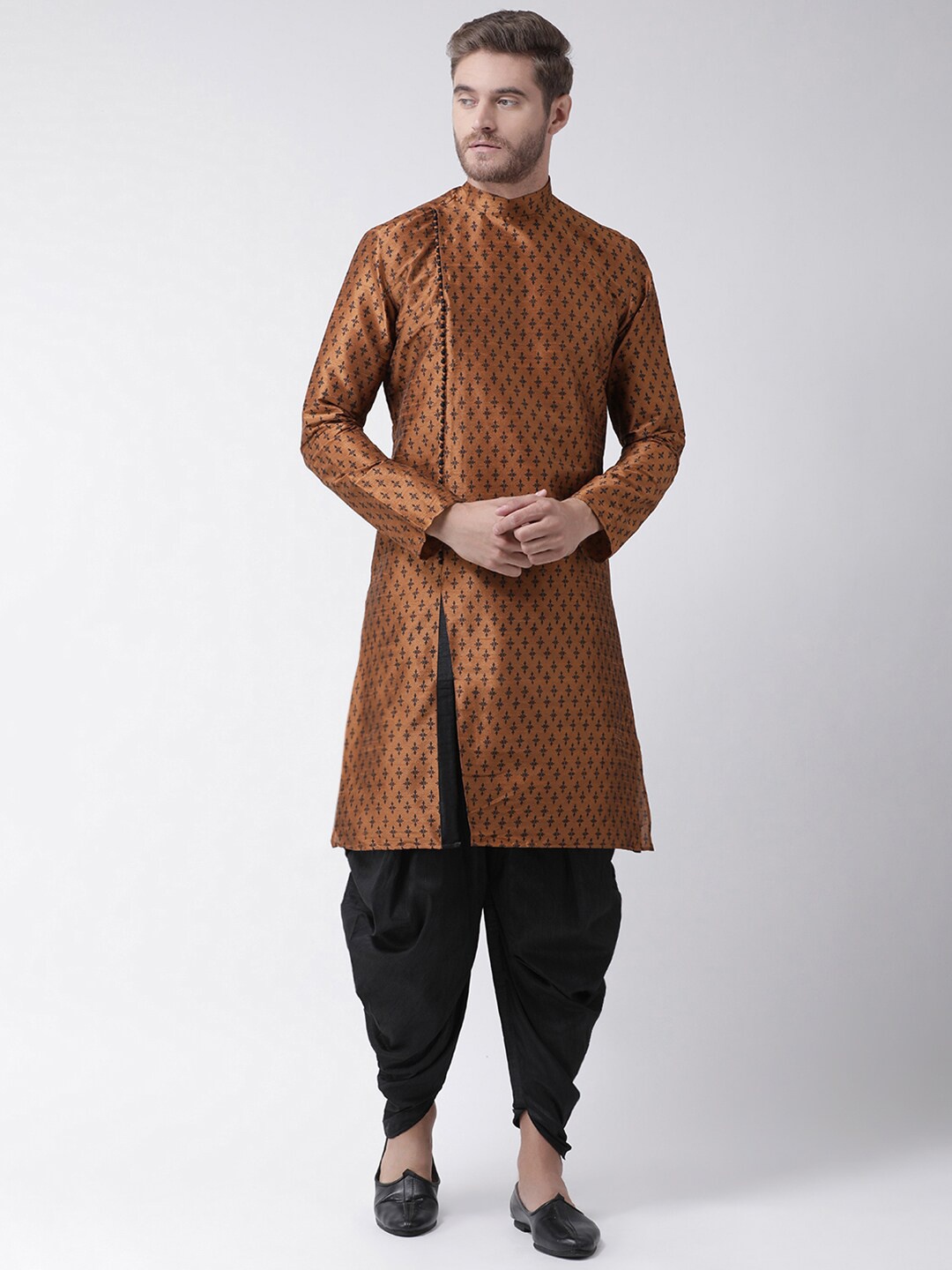 

DEYANN Ethnic Motifs Printed Regular Dupion Silk Kurta with Dhoti Pants, Brown
