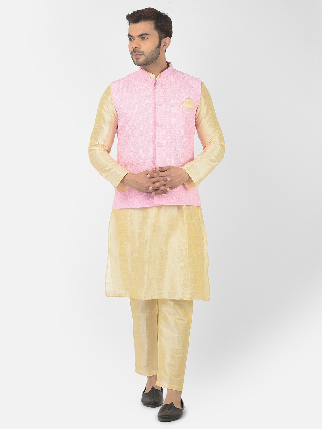 

DEYANN Mandarin Collar Long Sleeves Straight Dupion Silk Kurta with Pyjamas & Nehru Coat, Pink