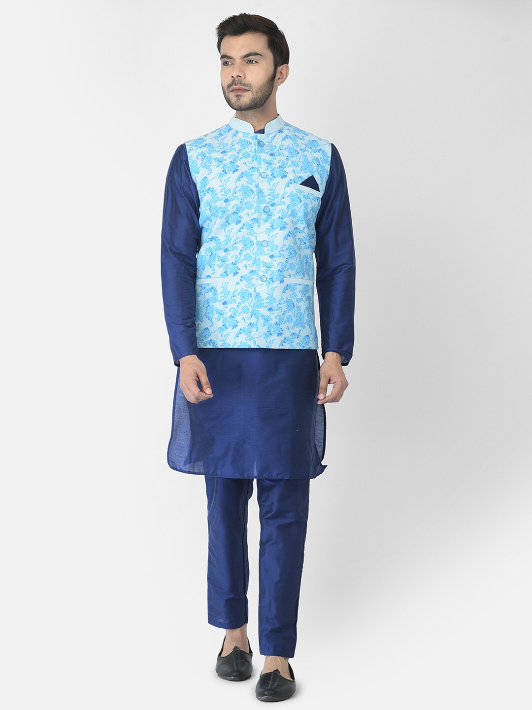 

DEYANN Floral Printed Mandarin Collar Straight Kurta With Trouser & Nehru Jacket, Blue