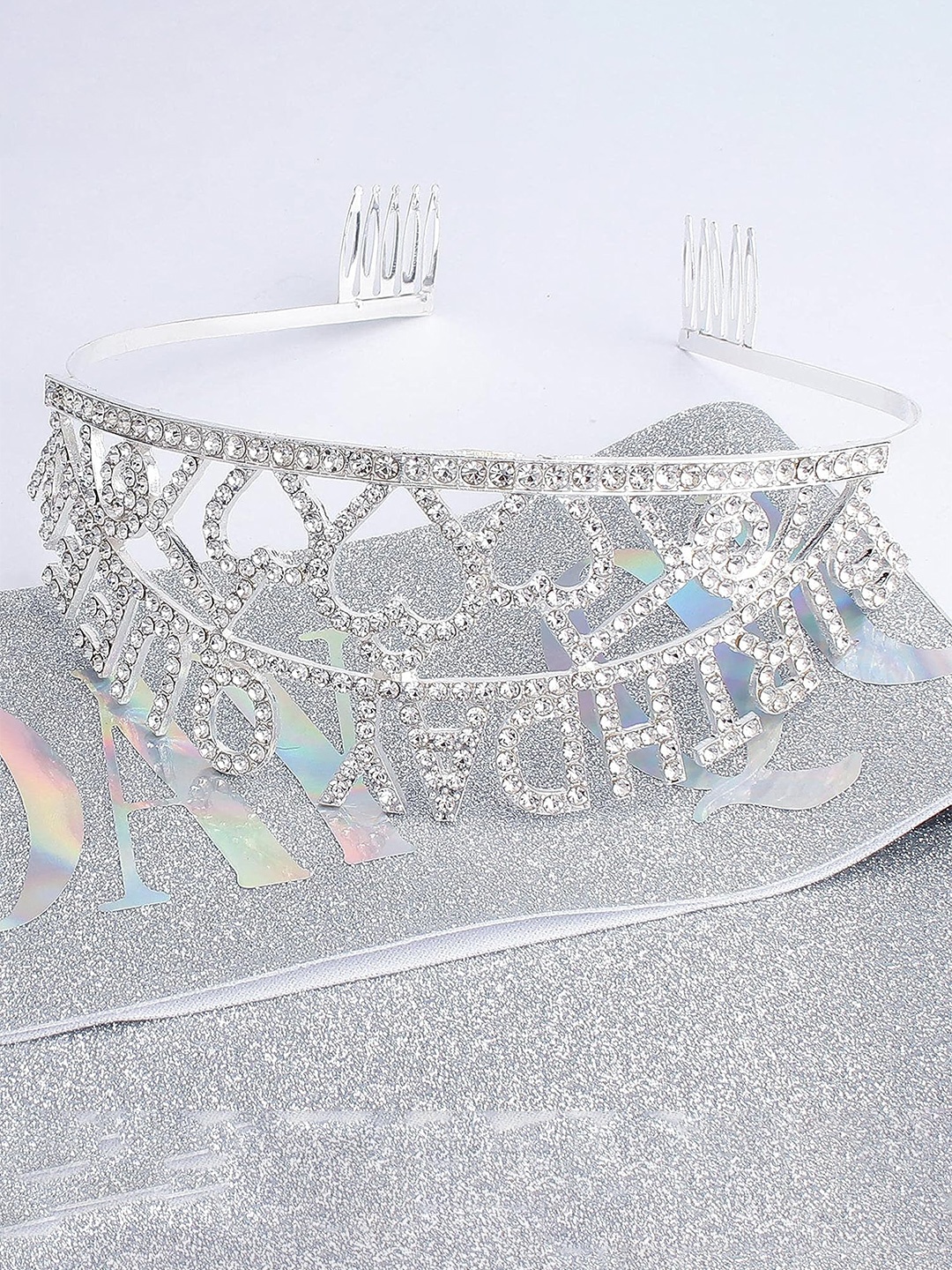 

Shining Diva Fashion Set of 2 Embellished Tiara with Birthday Sash, Silver