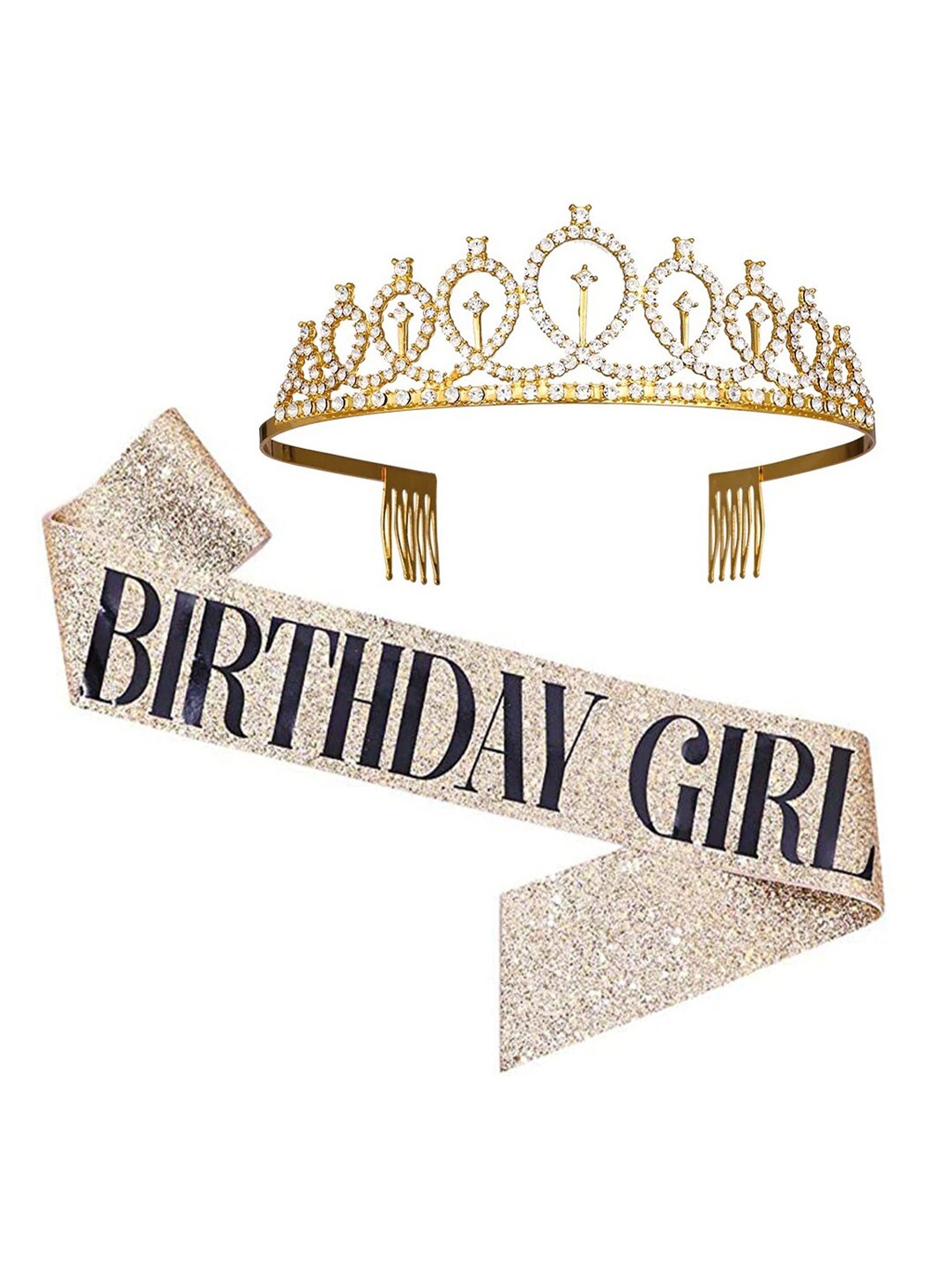 

Shining Diva Fashion Set of 2 Embellished Tiara with Birthday Sash, Gold