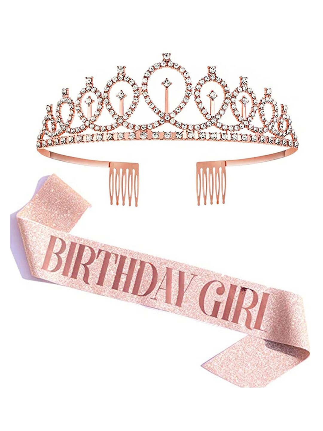 

Shining Diva Fashion Embellished Tiara With Sash, Rose gold